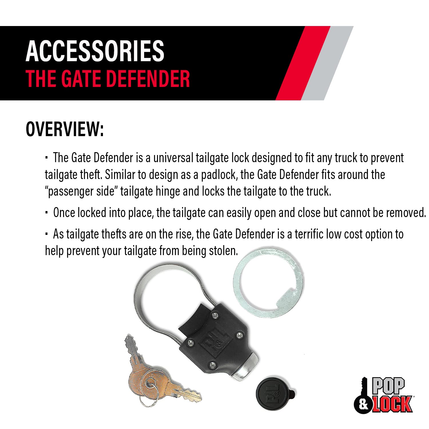 Pop & Lock Black Universal Tailgate Lock, Key Lock, PL9900, The Gate Defender, Truck Theft Prevention, Made in USA