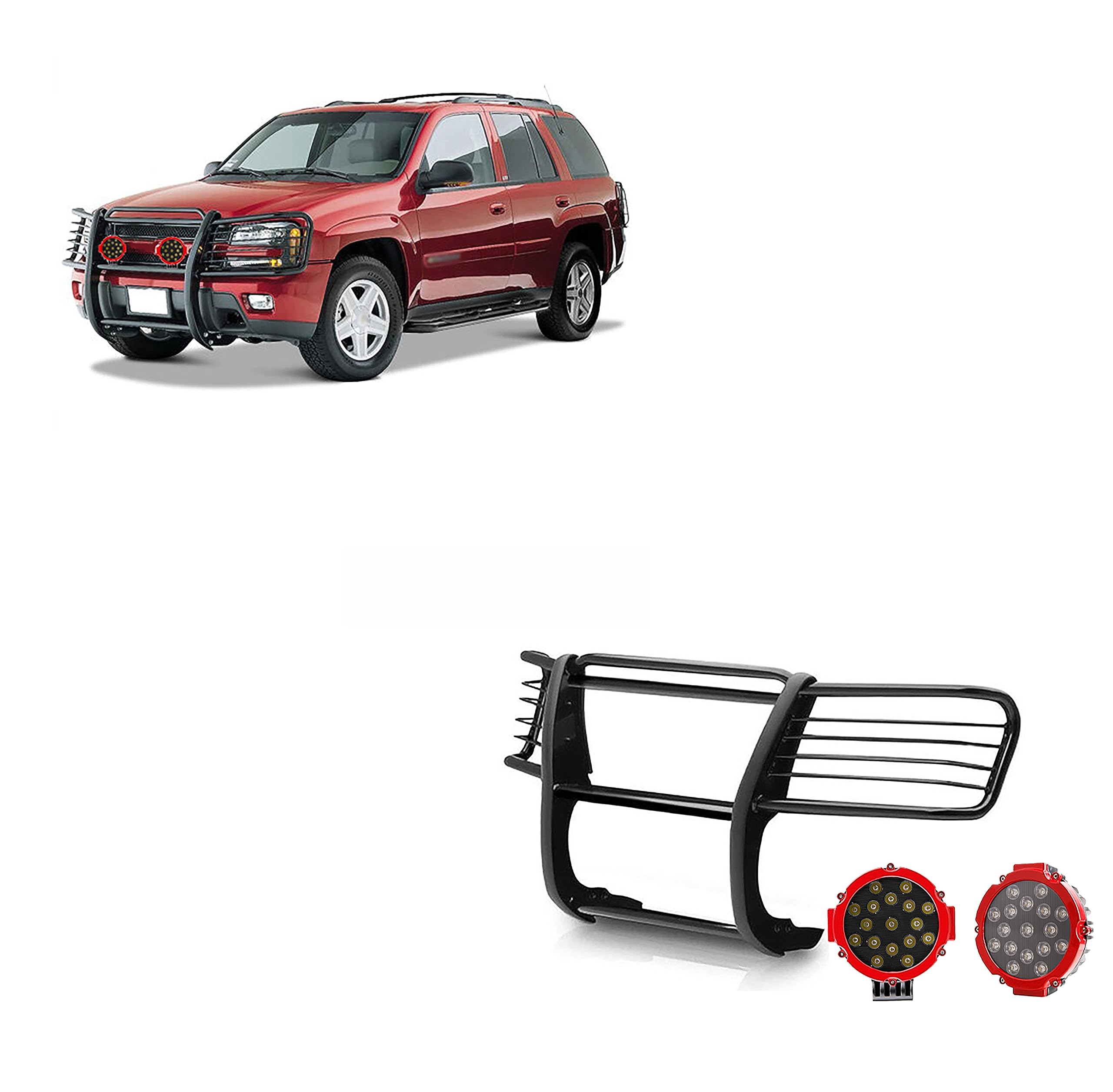 Bumper Guard Modular Black Black Horse Grille brush Come With pair of 7.0"LED Light with Red Trim Rings Compatible with 2002-2009 Chevrolet Trailblazer|2002-2006 Chevrolet Trailblazer EXT-17GK26MA-PLR