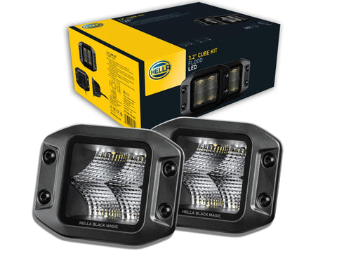 Hella LED Headlight Black Magic Cube Kit 3.2 Inch 12/24 V Mounting Cable 500 mm Connector 1FA 358 176-831 Set