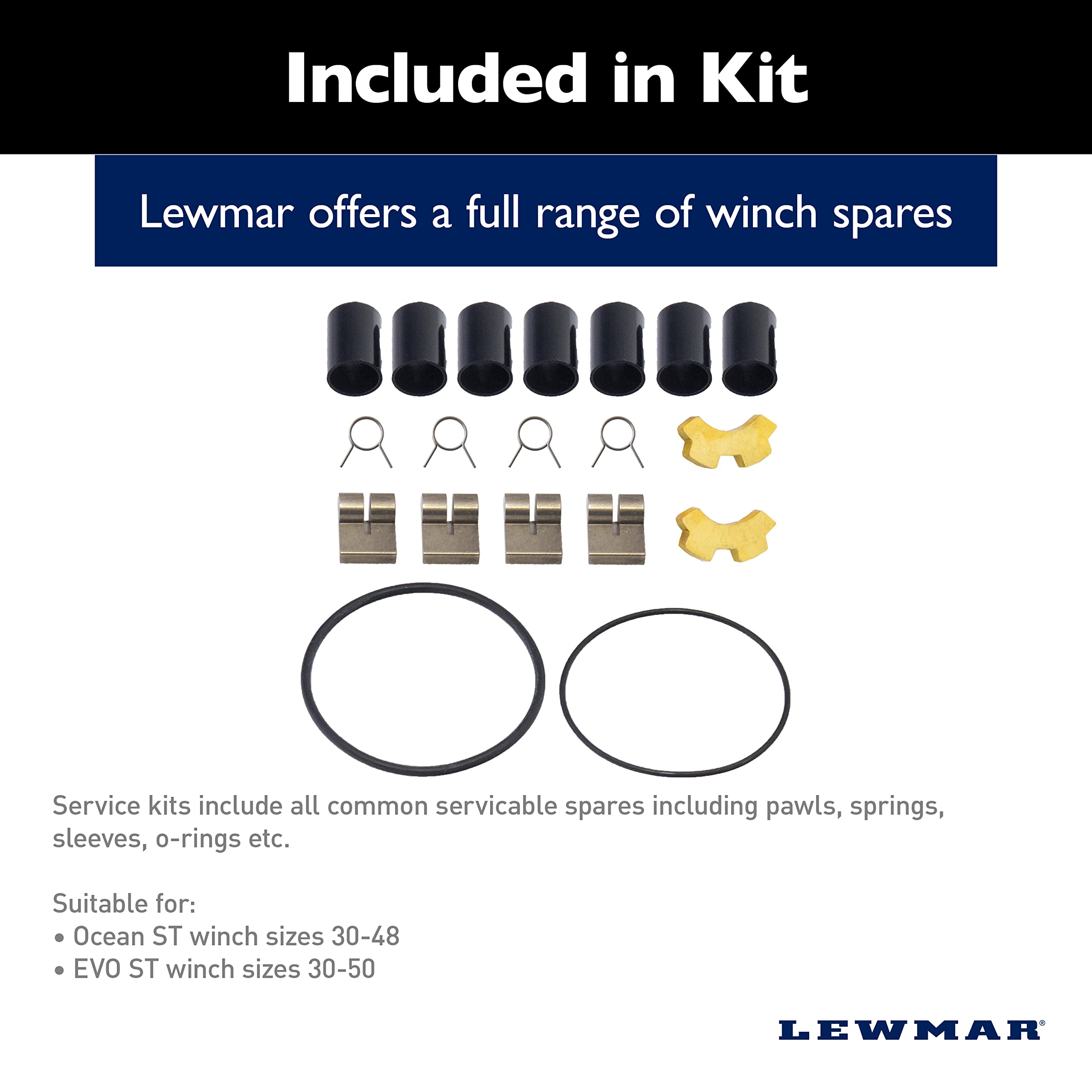 Lewmar Service Kit for 30-48 Self Tailing, EVO ST 30-50, SPT30-50 – Service kit for Ocean ST winches size 30-48 and EVO ST winches size 30-50; includes spare spawls, springs, sleeves, o-rings, clamps