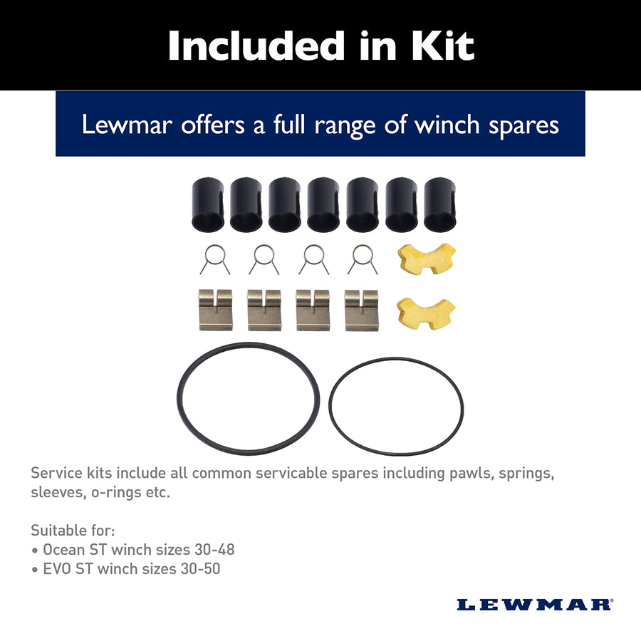 Lewmar Service Kit for 30-48 Self Tailing, EVO ST 30-50, SPT30-50 – Service kit for Ocean ST winches size 30-48 and EVO ST winches size 30-50; includes spare spawls, springs, sleeves, o-rings, clamps