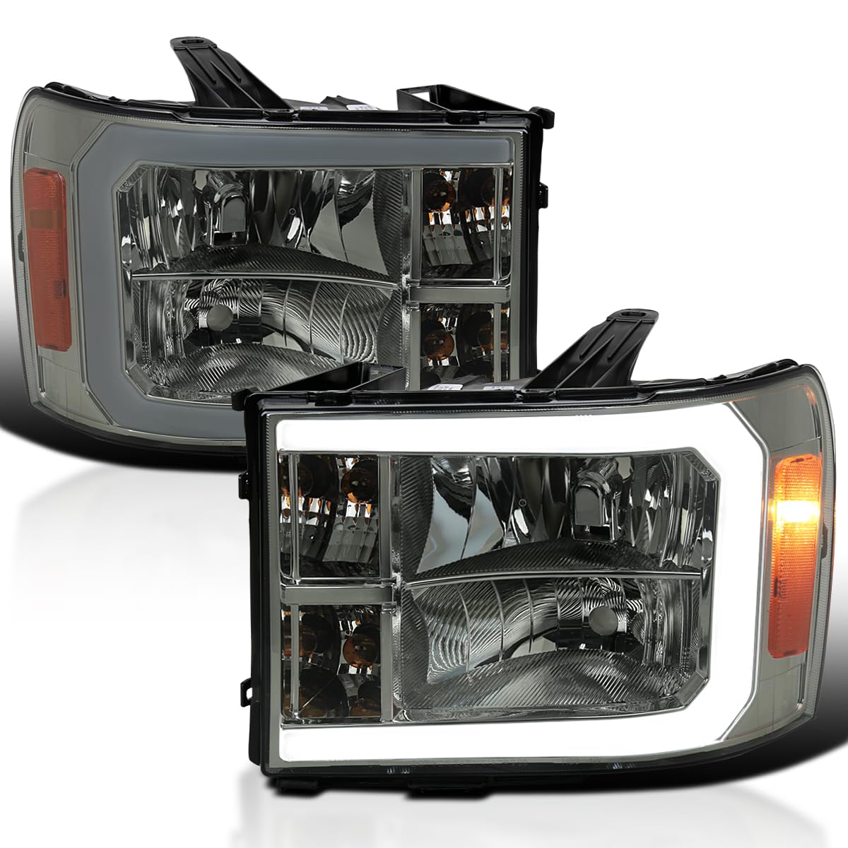 Smoke Headlights w/LED Bar SPEC-D TUNING Compatible with 2007-2013 GMC Sierra 1500, 2500HD, 3500HD, Left + Right Pair Headlamp Assembly