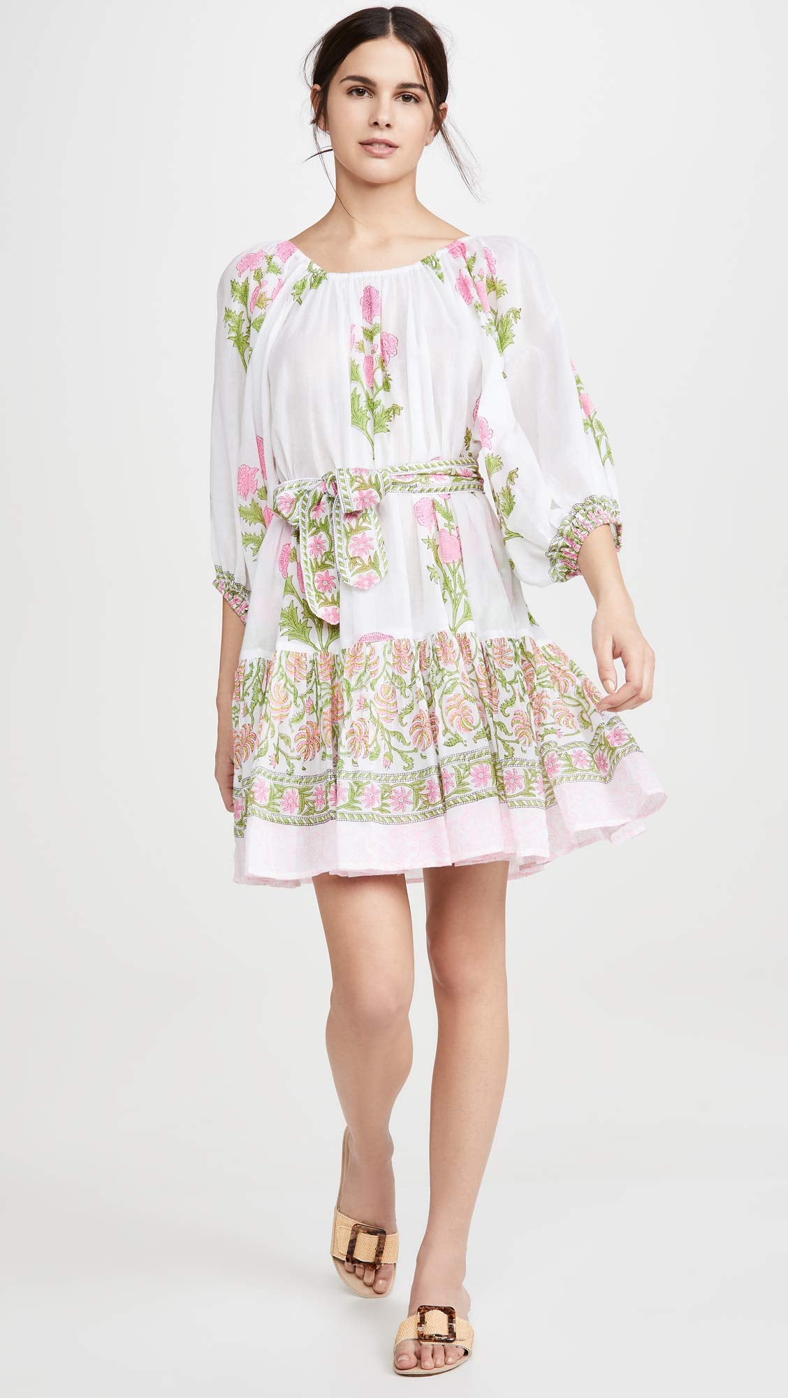 Women's Cotton Boho Dress Juliet Dunn, White/Pale Pink Neon, One Size