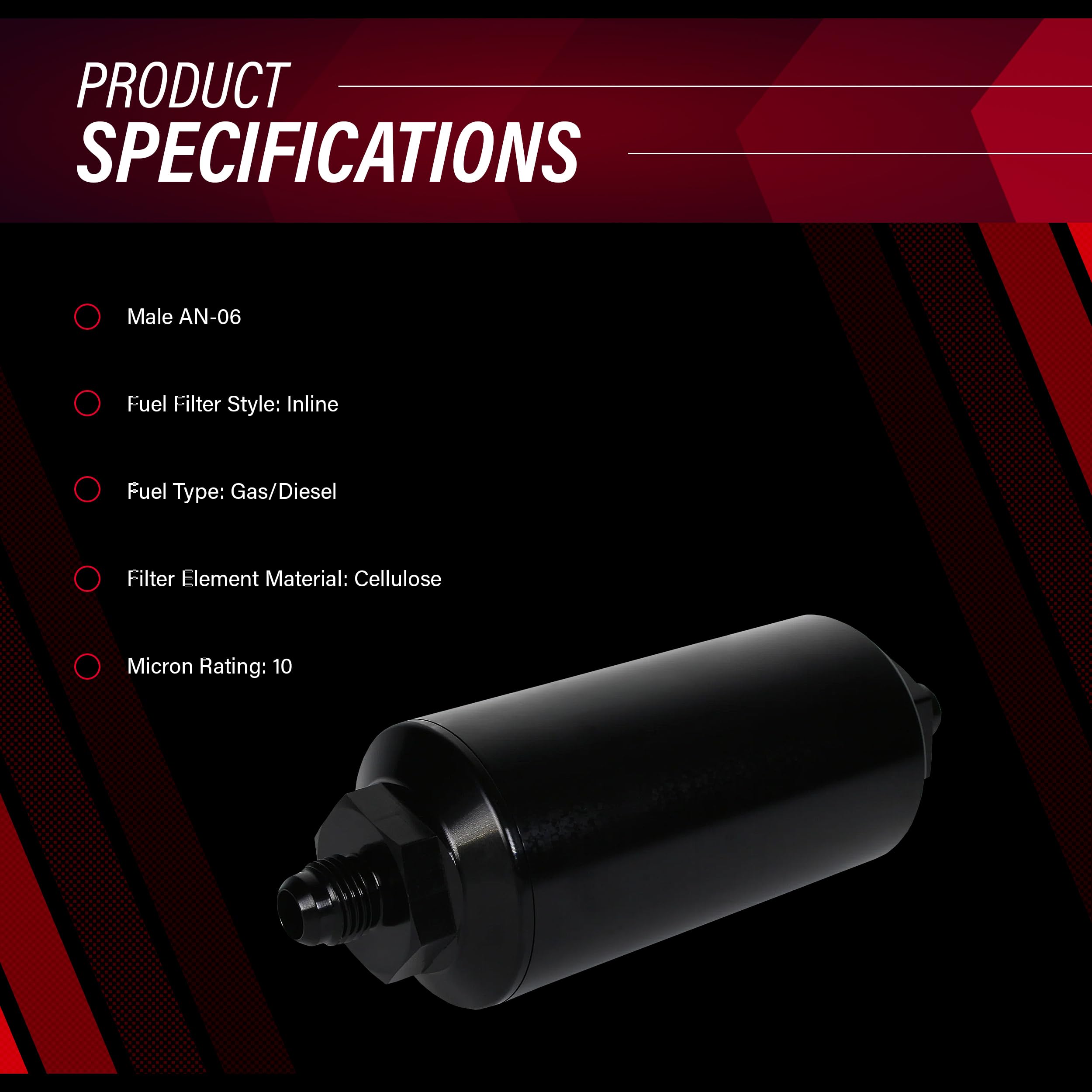 Inline Fuel Filter Element Aeromotive 12347, 10 Micron Rating, Cellulose Media, Male AN-06, Port, Gas and Diesel, 2" OD