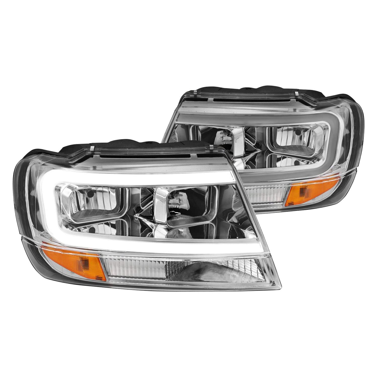 1999-2004 Jeep Grand Cherokee ANZO Crystal Headlights w/Light Bar Chrome Housing (111538)