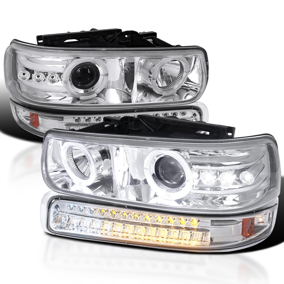 LED Halo Projector Headlights + LED Bumper Lights SPEC-D TUNING Compatible with 1999-2002 Chevy Silverado 1500 2500 3500, Left + Right Pair Headlamps Assembly