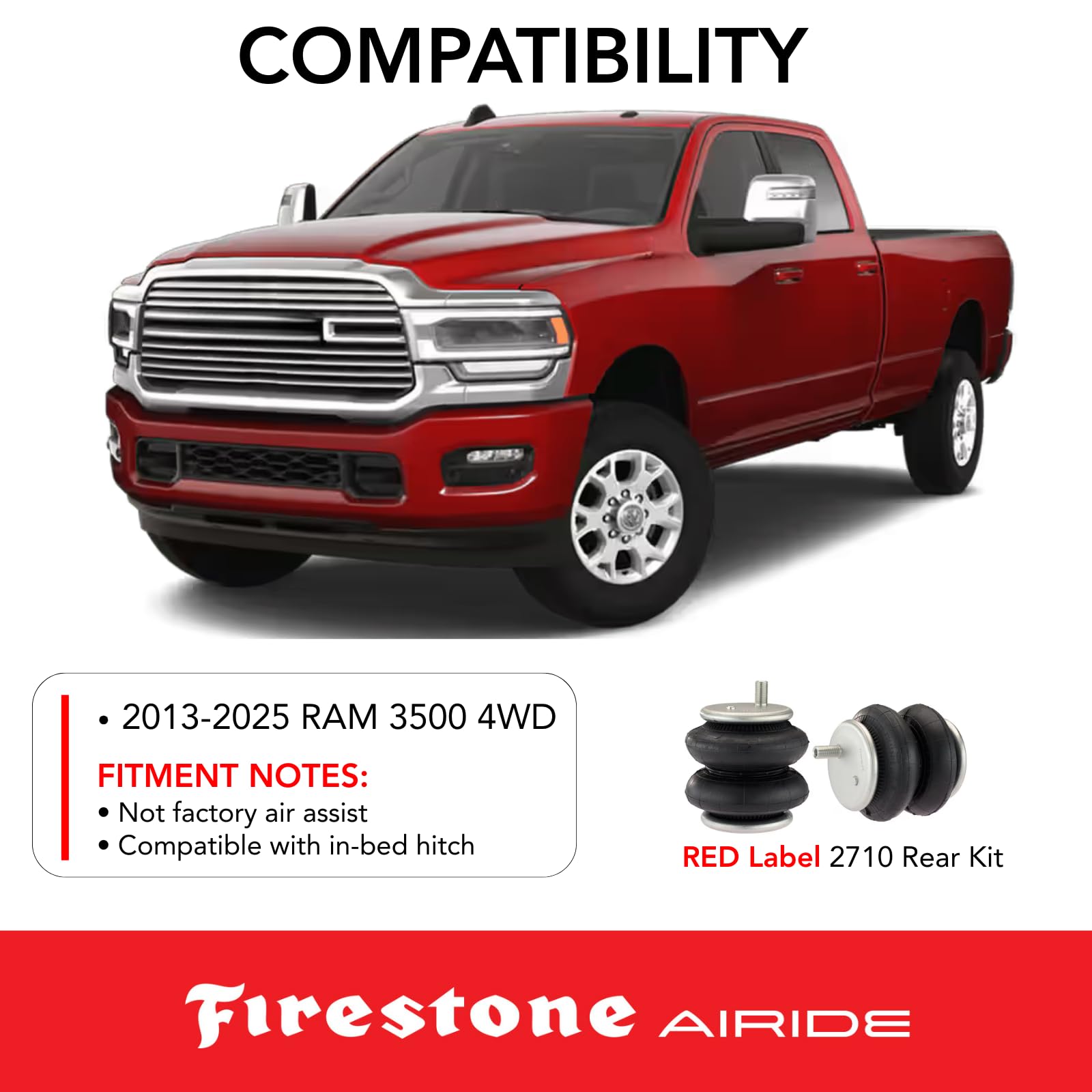 Firestone 2710 Airide Red Label Rear Springs Kit fits 2013-2025 Ram 3500 4WD Without Factory Air Assist | 5-150 PSI | Load Capacity of 7,500 Pounds | No Drill Installation