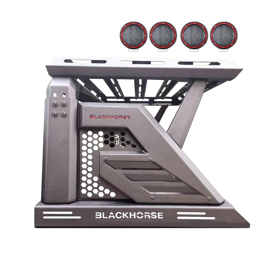 ARMOUR II Black Horse Off Road Roll Bar W/Basket Incl. Set of 5.3"Dia.Led Lights w/ Red Trim Rings Compatible with 2019-2024 Jeep Gladiator-AR2-09BA3-PLFR