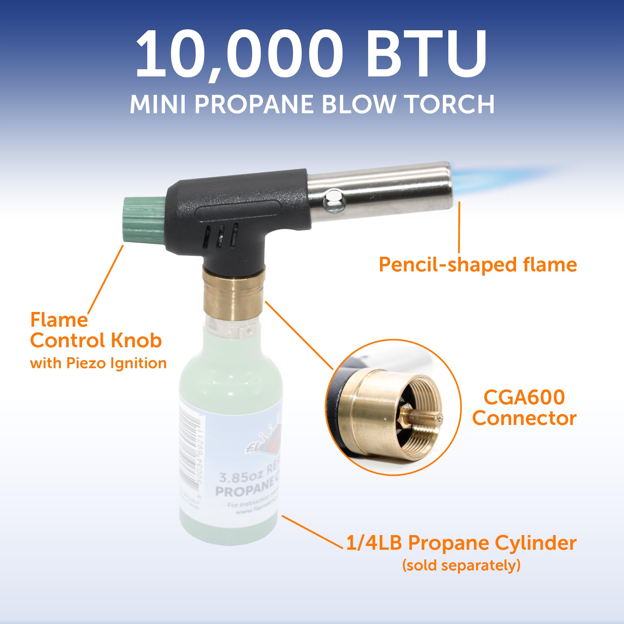 Flame King Mini Propane FK-PV777CGA Blow Torch Head 10,000 BTU for Kitchen, Soldering, Searing, Charcoal/Fire Pit Lighting