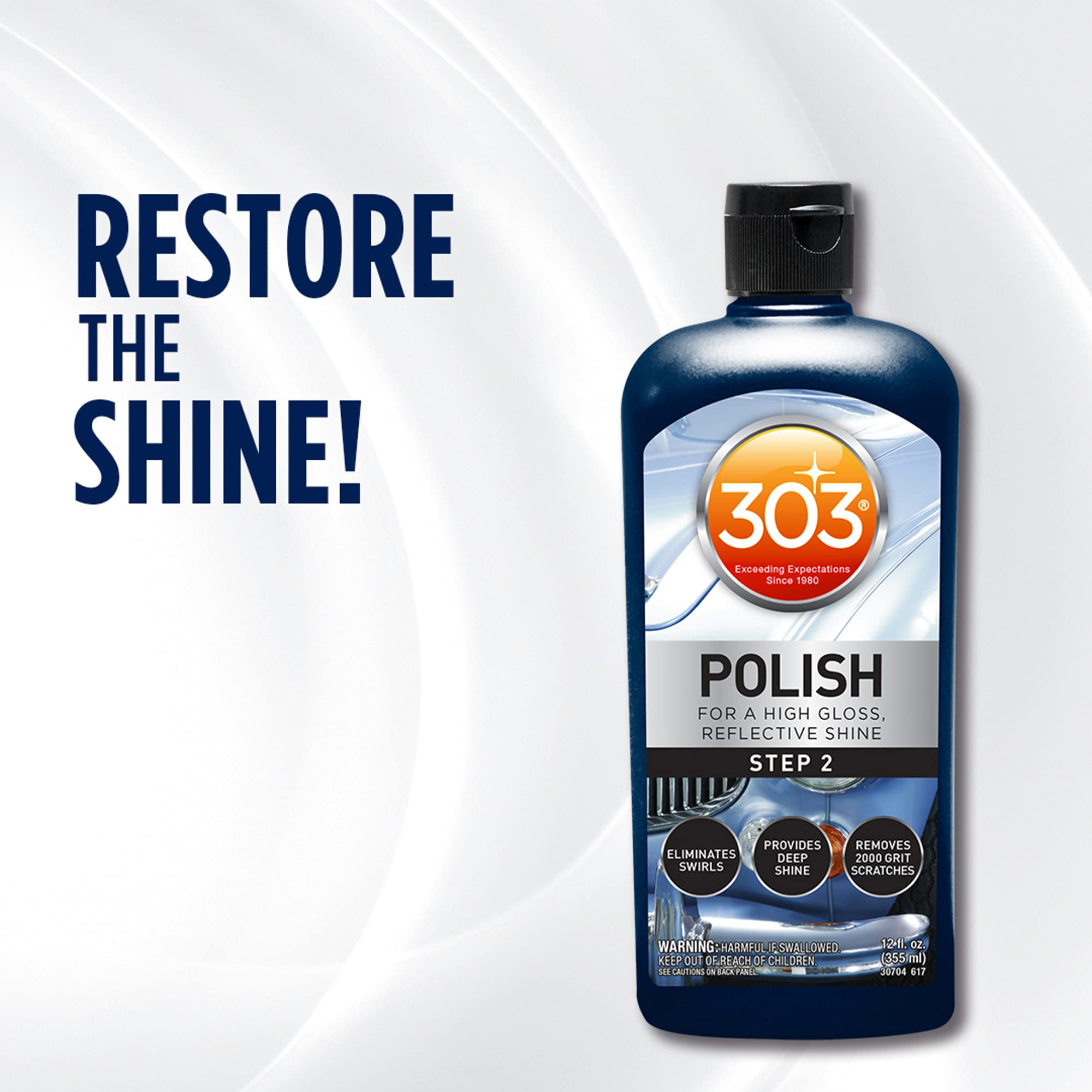 303 Polish - Eliminates Swirls for High Gloss, Reflective Shine - Provides Deep Shine to Paint - Removes 2000 Grit Scratches (Step 2), 12 fl. oz. (30704)