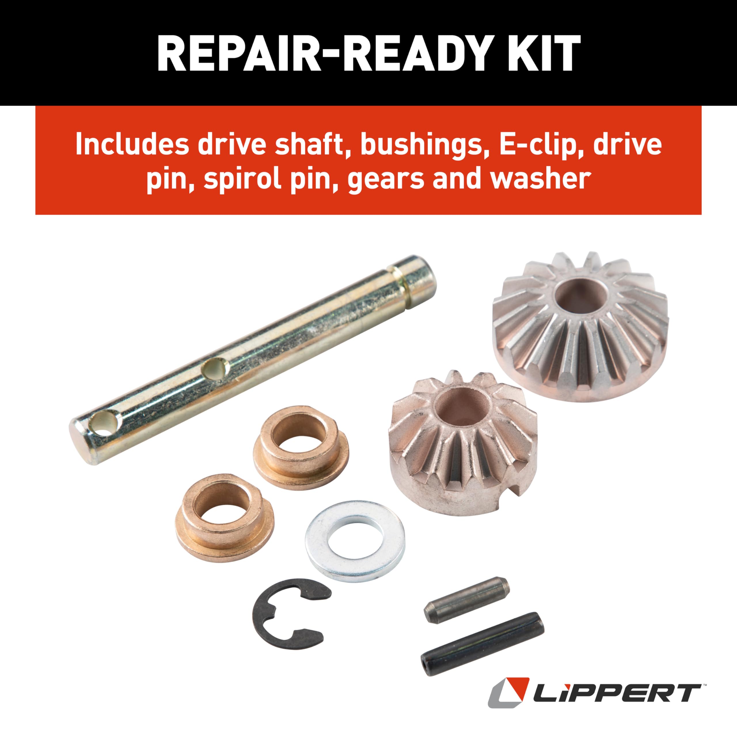 Lippert Power Repair Landing Gear Kit for 5th Wheel RV Follow Leg, Easy DIY Installation, Replacement Hardware, Drive Shaft, Bushings, E-clips, Pins, Gears, Washer - 146060