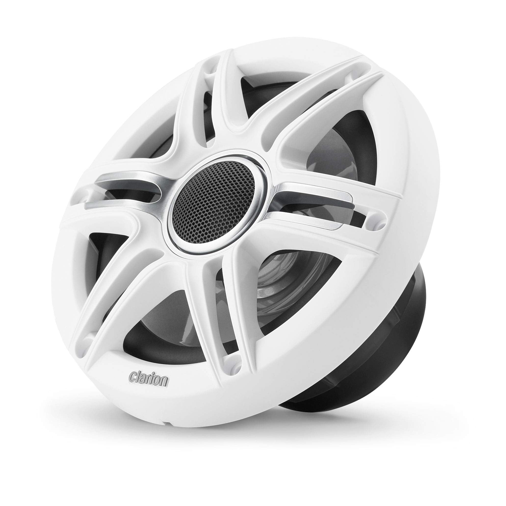 Clarion 6.5-inch CMSP-651-SWG Premium Coaxial Marine Speakers, 50W RMS, with White & Gray Metallic Grilles