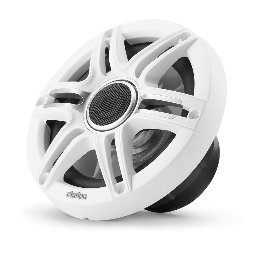Clarion 6.5-inch CMSP-651-SWG Premium Coaxial Marine Speakers, 50W RMS, with White & Gray Metallic Grilles