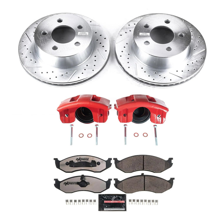 Power Stop Z36 Truck & Tow Brake Pads and Drilled and Slotted Brake Rotors Front KC2152-36 with Red Powder Coated Calipers Brake Kit For Jeep Cherokee Wrangler XJ