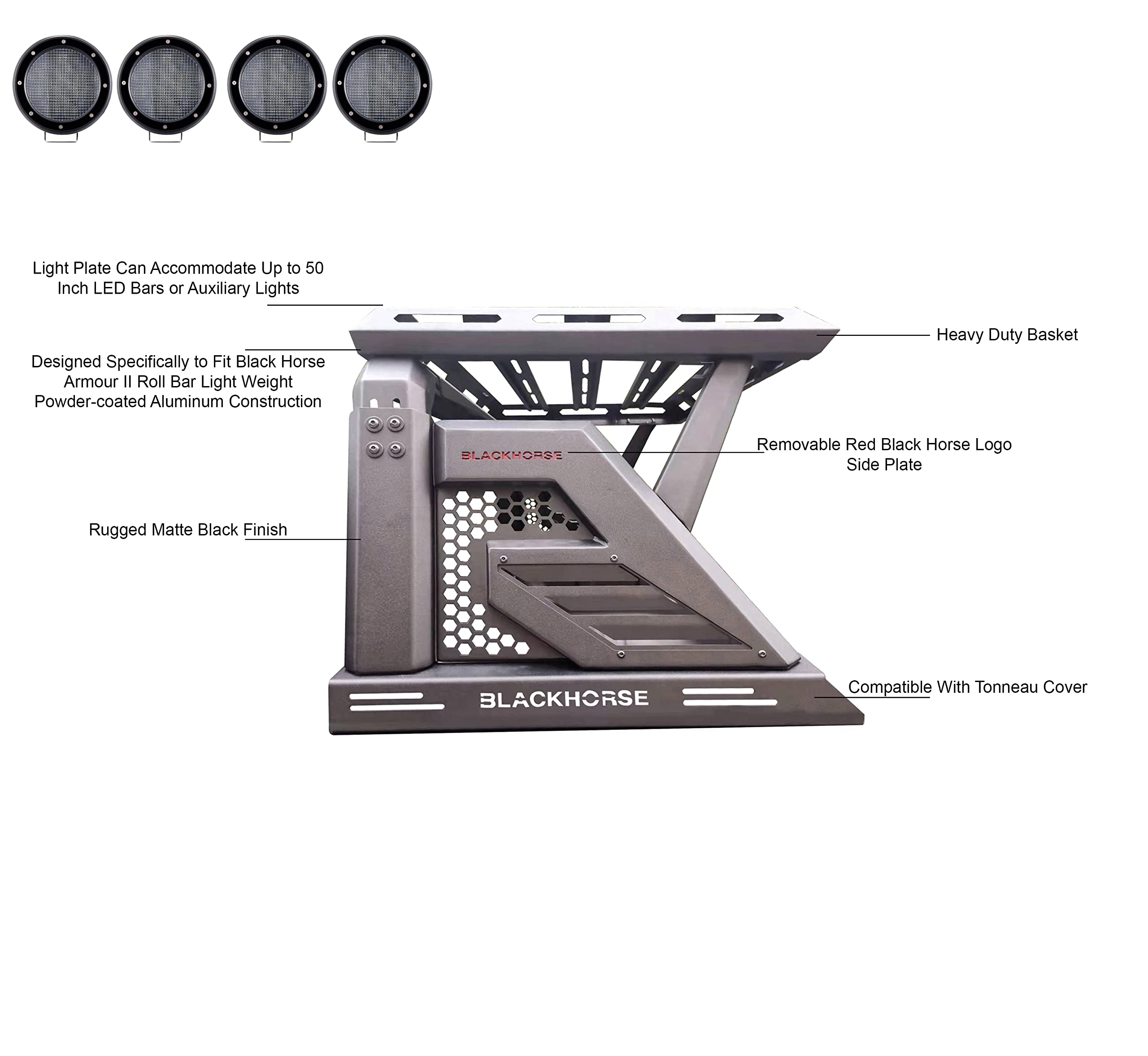 Armour II Black Horse Off Road Roll Bar W/Basket Kit Black Compatible with 2005-2022 Toyota Tacoma-AR2-09BA3-PLFB