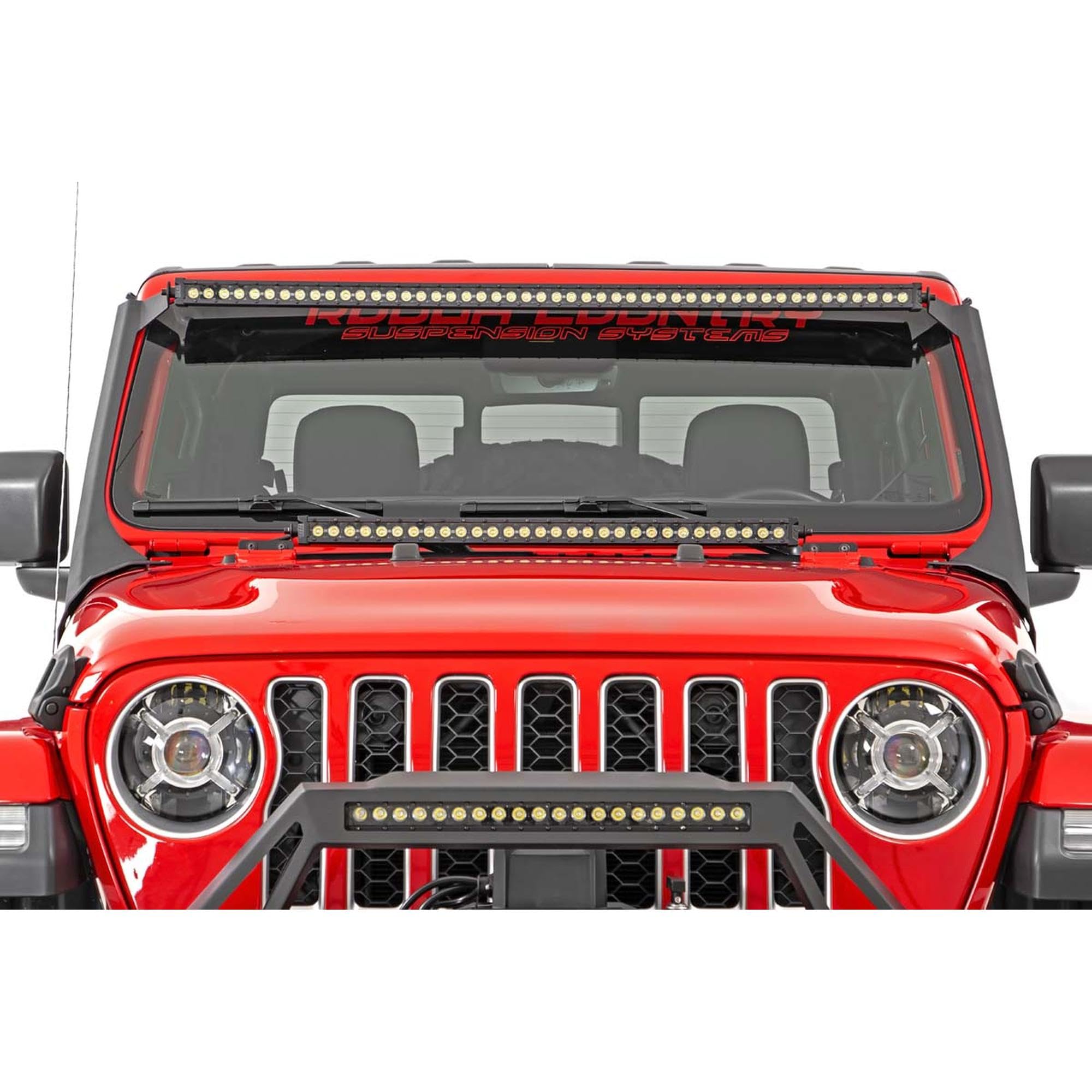 Rough Country 50" LED Light Bar Kit Dual Row for Jeep Wrangler JL & Gladiator JT (2018-2025) - Upper Windshield Mount, 480W Spectrum Series, 43,200 Lumens, Combo Spot & Flood Beam