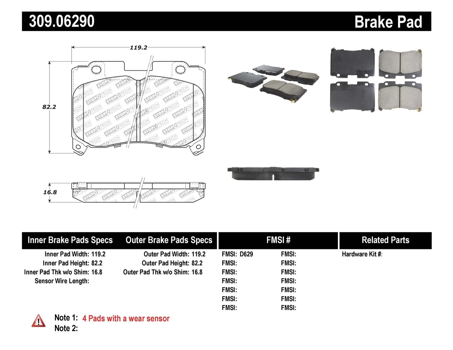 Sport Brake Pads StopTech 309.06290 with Shims and Hardware