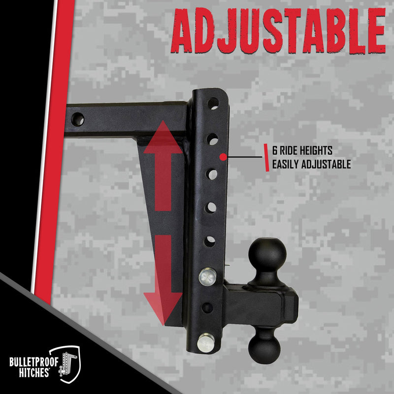 2.0" BulletProof Hitches Adjustable Heavy Duty Trailer Hitch (22,000 lb. Rating) - 10" Drop/Rise Trailer Hitch with 2" & 2-5/16" Dual Ball - Powder Coat, Solid Steel, Corrosion-Resistant