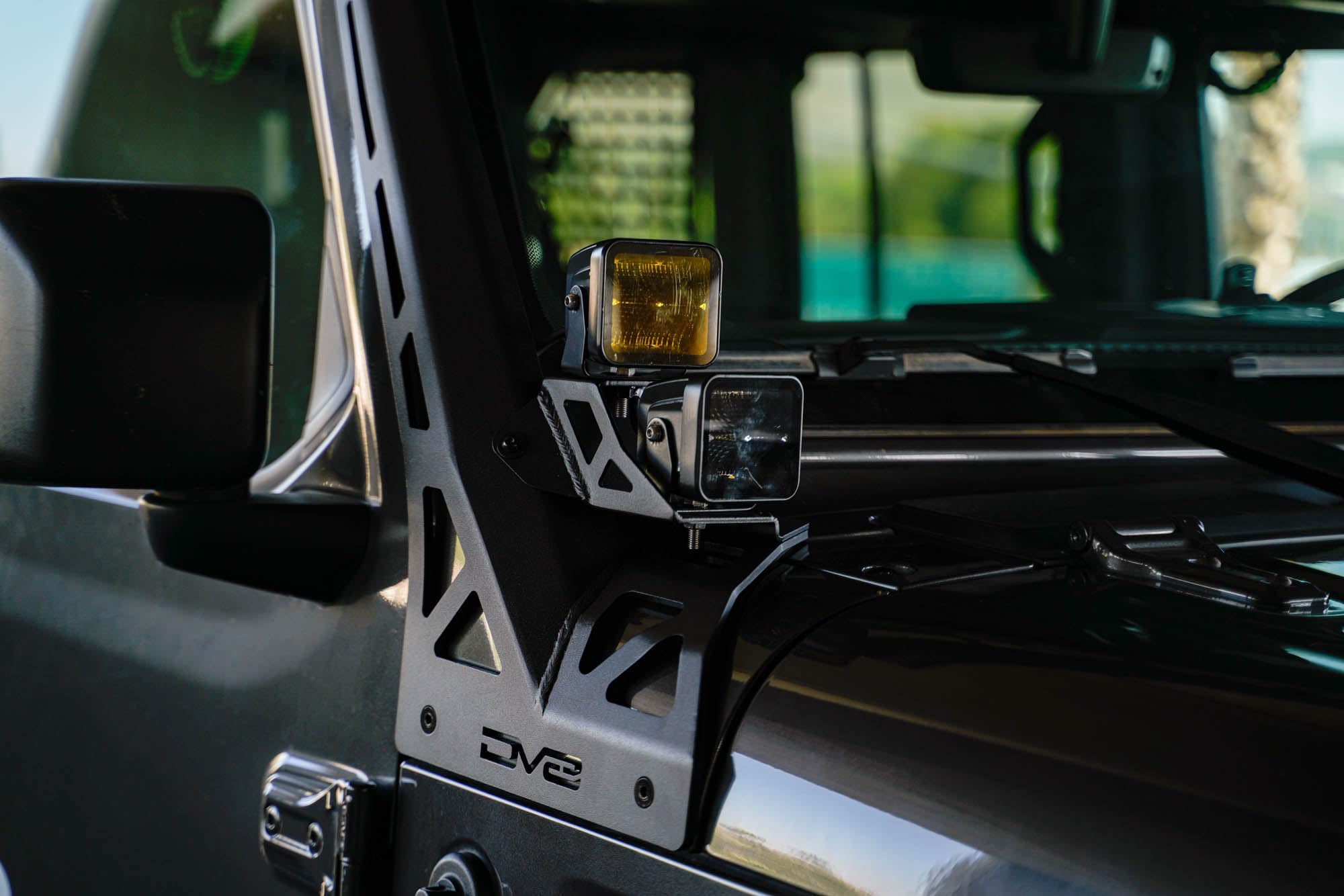 50" DV8 Offroad Light Bar Mount for 2018-2025 Jeep Wrangler JL & 2020-2025 Gladiator JT | Optional 3" Pod Light Mounts | Sleek Low-Profile Design | Black Powder Coat (A-Pillar Dual Light Pod Mounts)