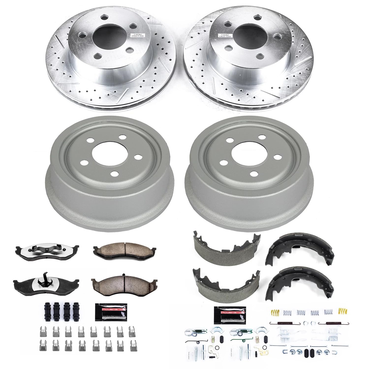 Power Stop Brake Kit Front and Rear For 2001 2002 2003 2004 2005 2006 Jeep Wrangler - Truck & Tow Carbon Fiber Ceramic Pads, Drums, & Drilled and Slotted Rotors Replacement, K15215DK-36