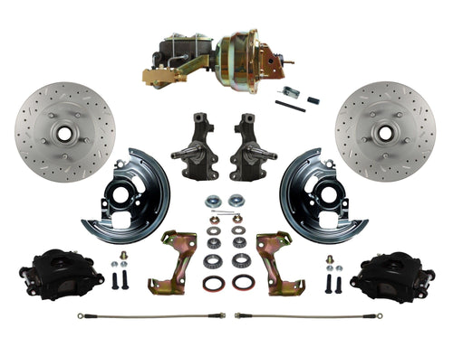Power Front Disc Brake Kit LEED BRAKES 2" Drop Spindle Drilled And Slotted Rotors Black Powder Coated Calipers 8" Dual Booster Disc/Drum