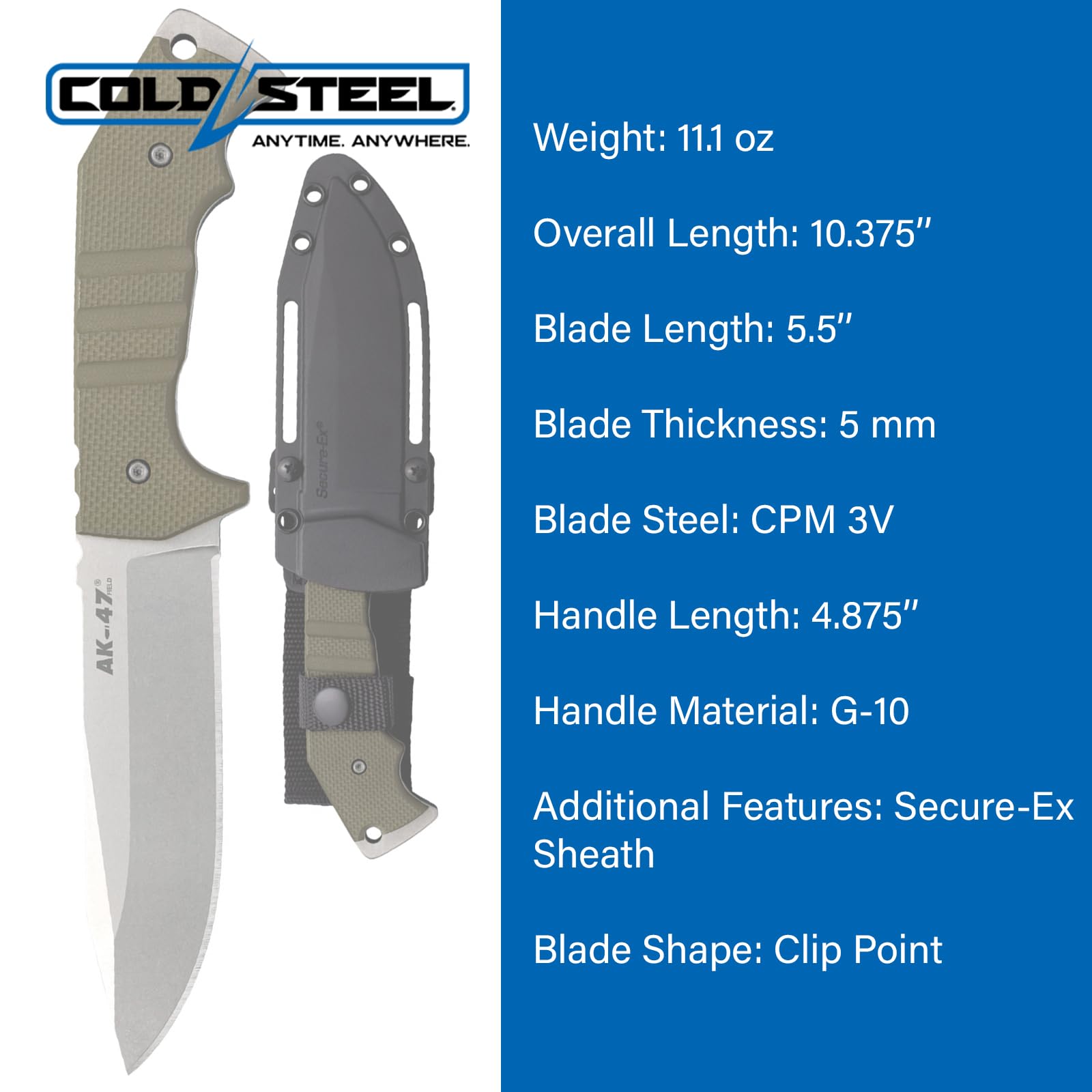 Cold Steel Field AK-47 5.5" CPM 3V Razor-Sharp Clip Point Blade 4.875" G-10 Handle Tactical Fixed Blade Knife w/Secure-Ex Sheath