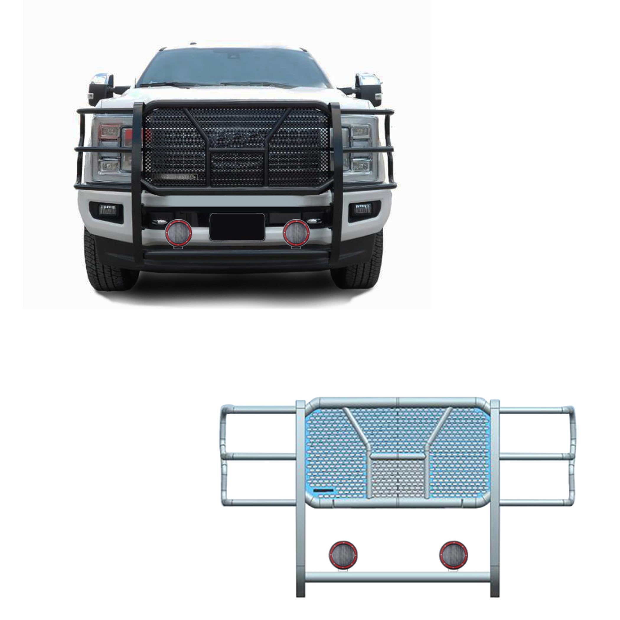 RUGGED HD Black Horse Grille Brush Bumper Guard Modular Come With Pair of 5.3"LED Light with Red Trim Ring Compatible with 2017-2022 Ford F-250/Ford F-350/Ford F-450/Ford F-550 Super Duty-B-PLFR