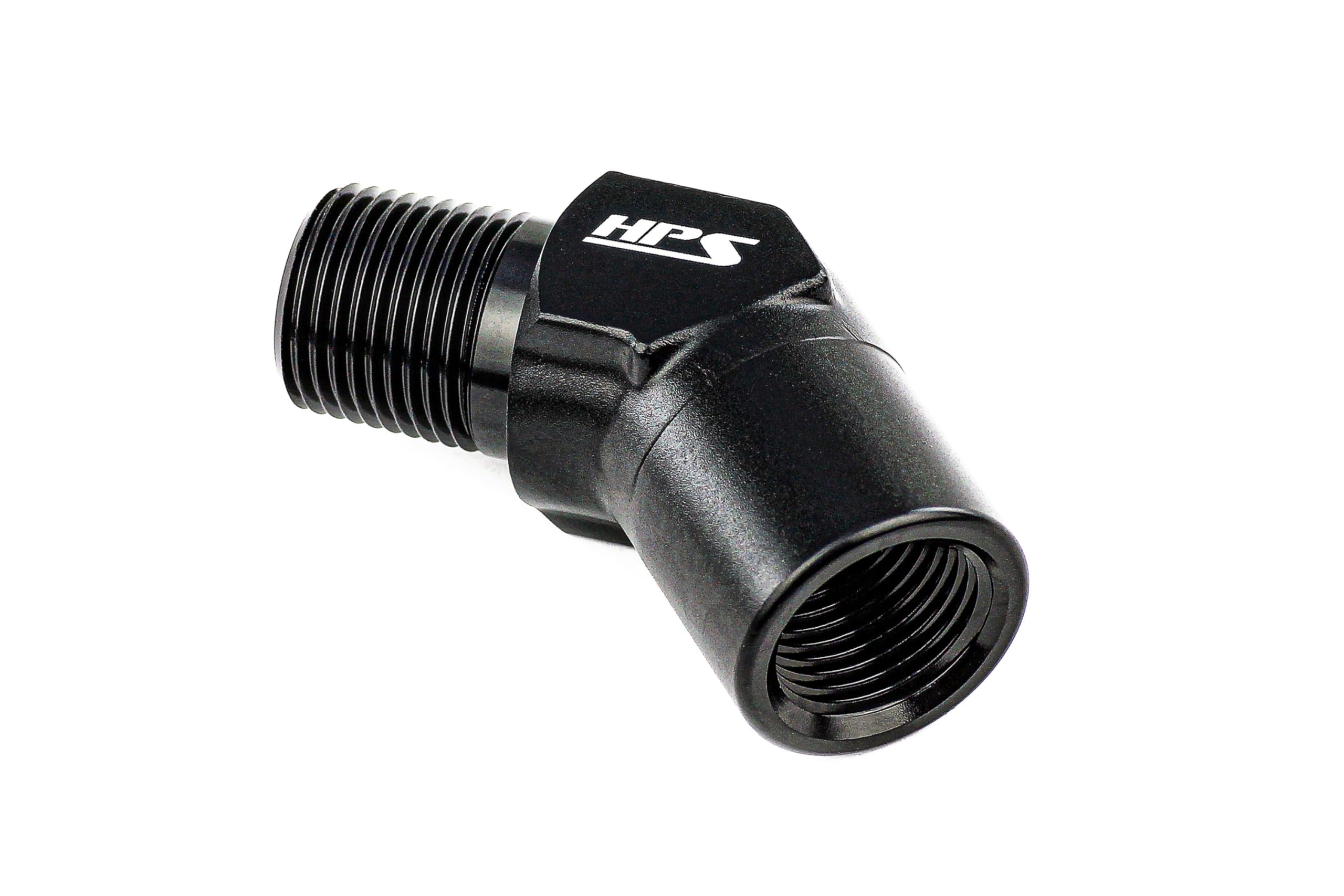 HPS AN915-02 NPT Male To AN Female Adapter Fitting, Aluminum, Size: 1/4 NPT, Angle: 45 degree, Black