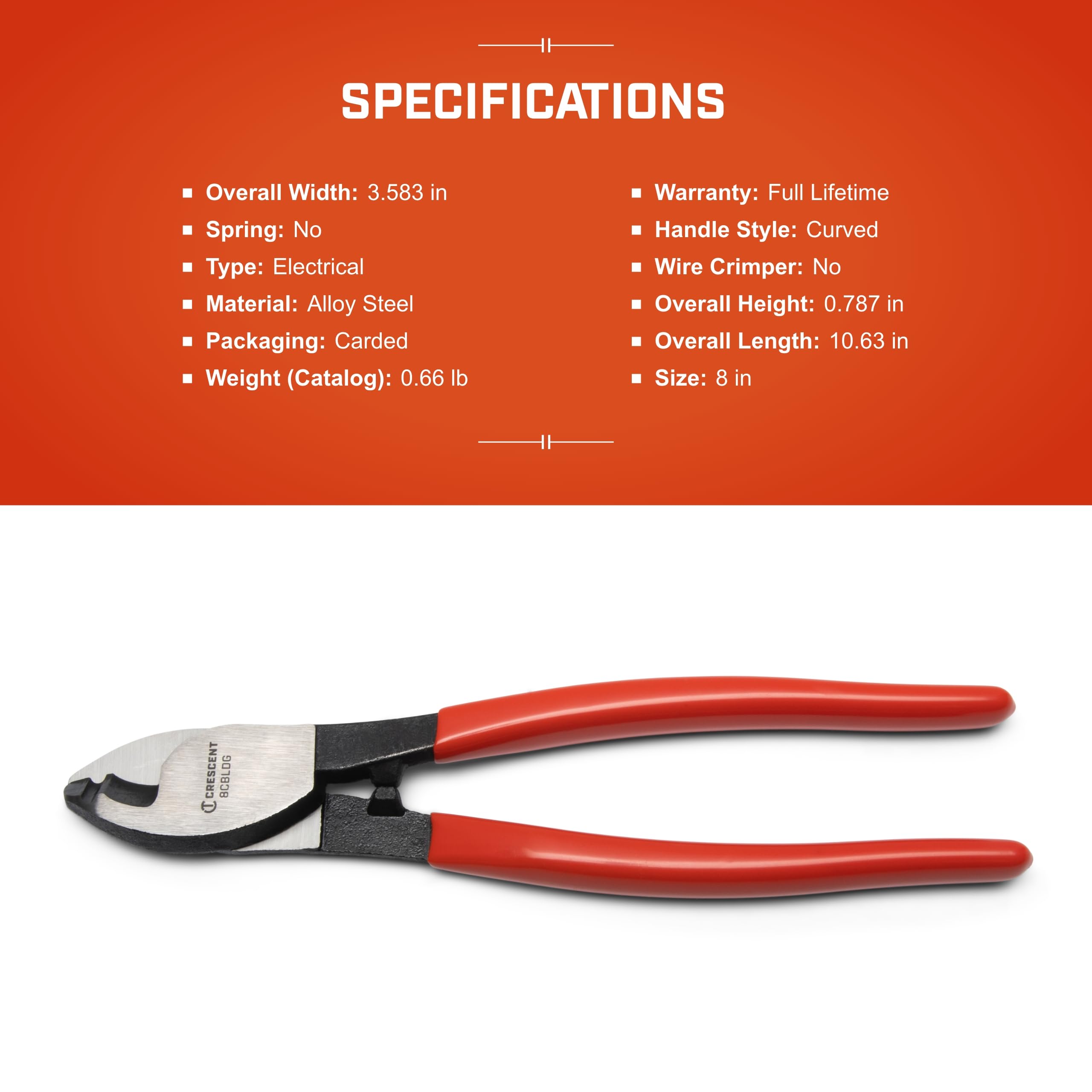 Crescent Cable Cutter, Pliers Dipped Handle - Premium Cutting Pliers with Sheer-Cut Blades & Ergonomic Grip - Professional-Grade Hand Tool - 8" - 8CBLDG