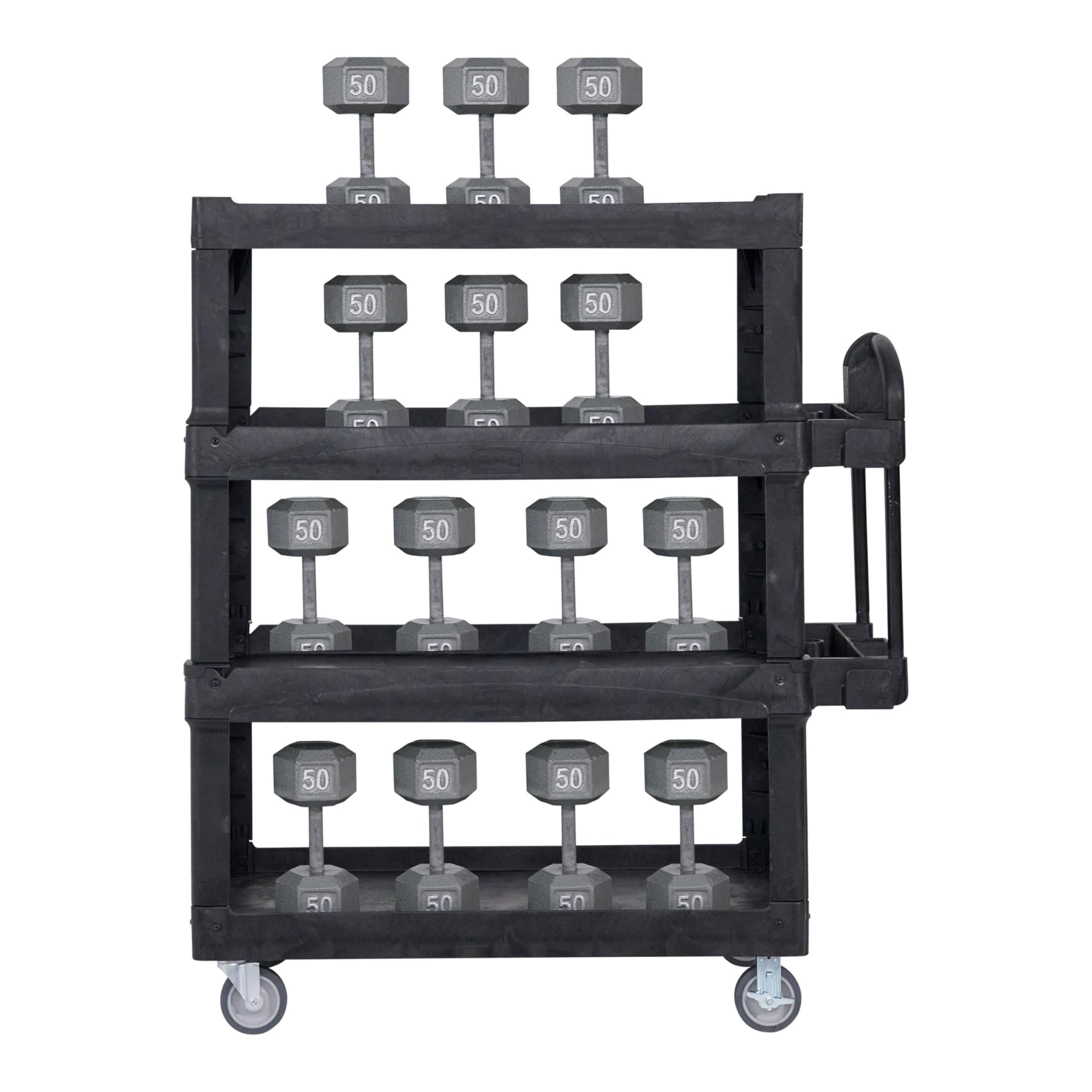 Rubbermaid Commercial Products 4-Shelf Quad Utility/Service Cart, Heavy Duty Large, Lipped Shelf, Ergonomic Handle, 700 lbs. Capacity, for Warehouse/Garage/Cleaning/Manufacturing (2128657) Black