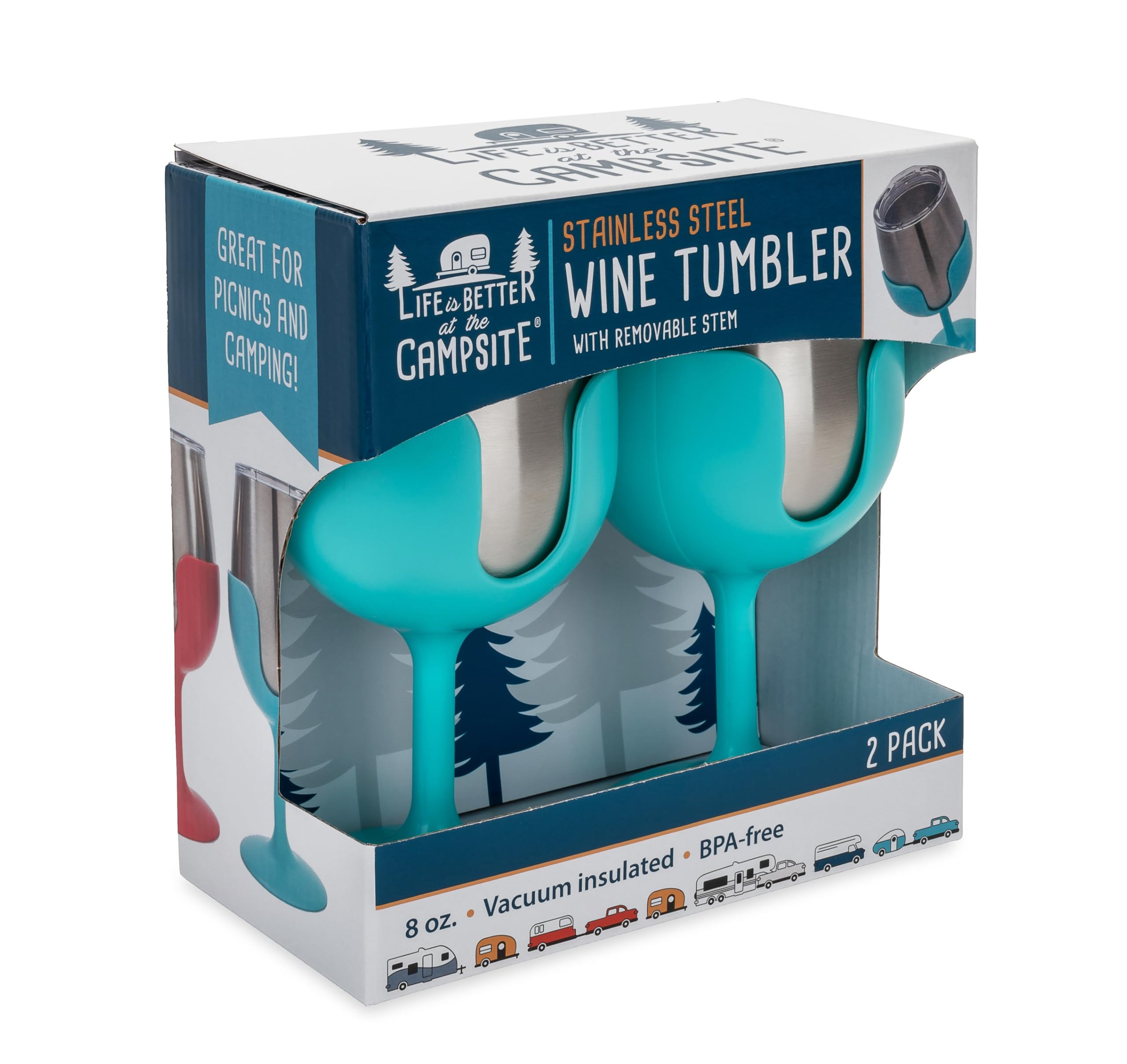 Camco Stainless Steel Wine Tumbler Life is Better at The Campsite 2-Pack - Features Heavy Duty Double Wall Vacuum Insulation & Removable Navy, Red, Green & Yellow Stems - Holds 8-oz Each - Blue(53484)