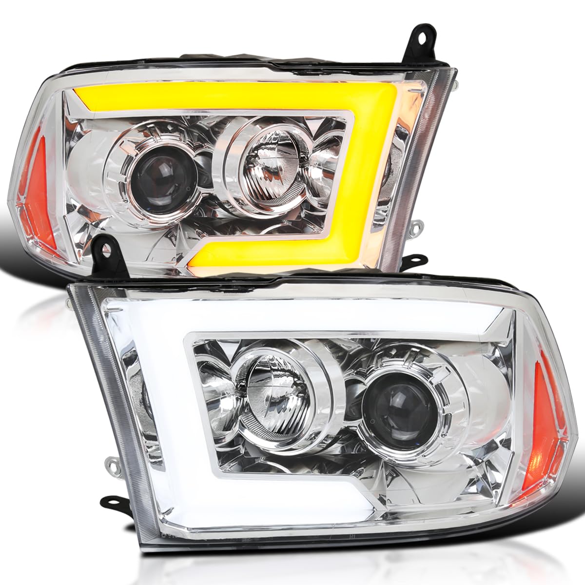 Chrome Projector Headlights SPEC-D TUNING w/Sequential Switchback LED Signal Compatible with 2009-18 Dodge RAM 1500/2500/3500, 2019-24 Dodge RAM 1500 Left + Right Pair Headlamps Assembly