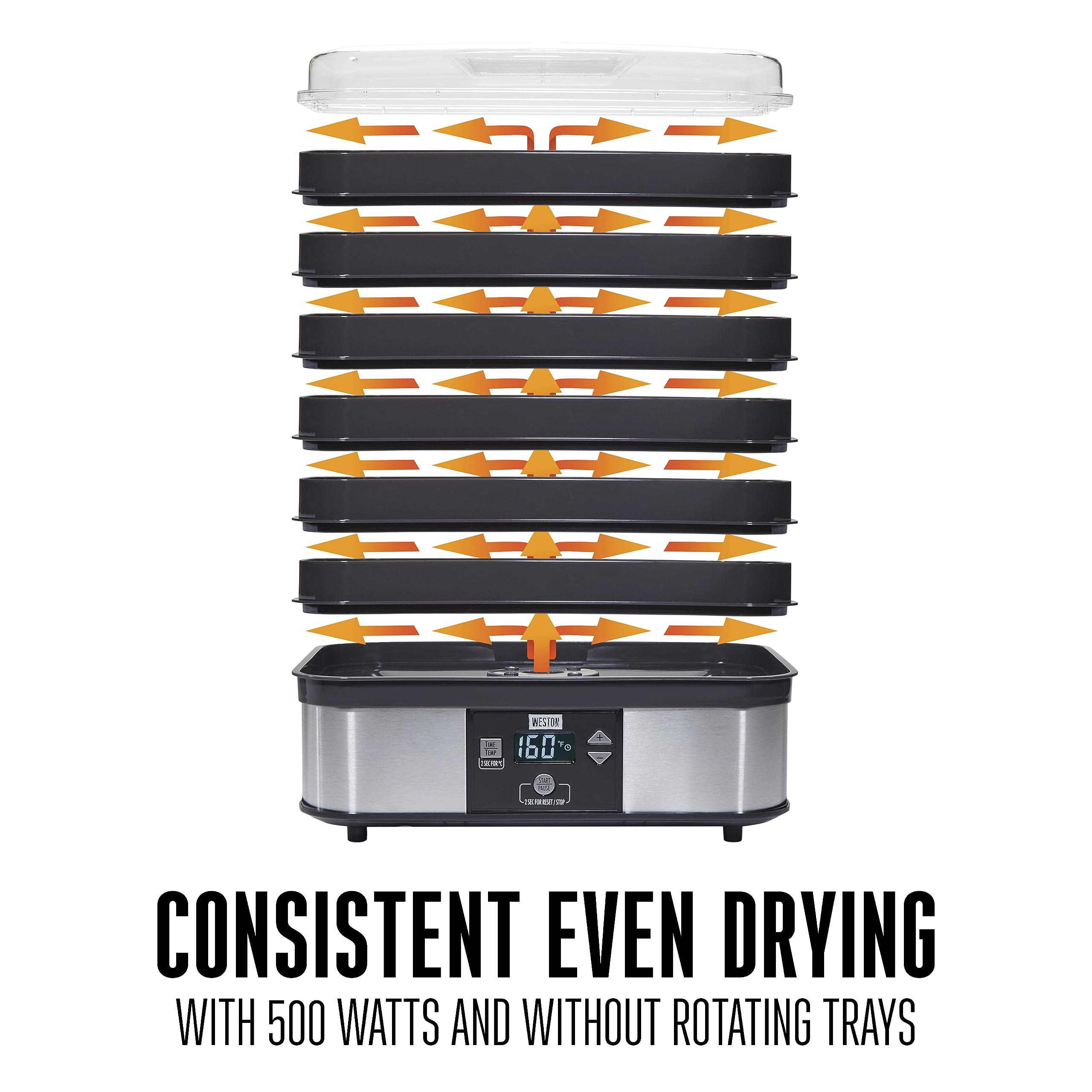 Weston food-dehydrator machine for Jerky, Meat, Fruit, Herbs, Vegetables, with Digital Temperature Control (100-160F), 6 Stackable Trays (7.4 sq. ft.), Black (75-0401-W)