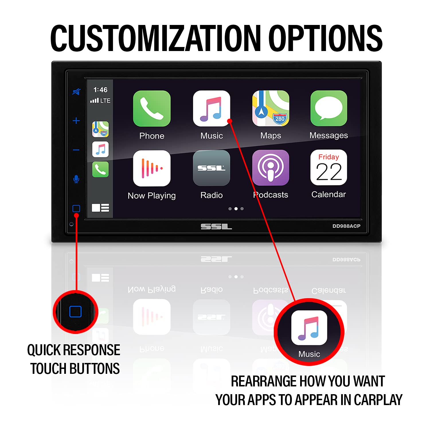 Sound Storm Laboratories Car Audio DD988ACP System - Android Auto, Double-Din with 6.75 Inch Capacitive Touchscreen, Bluetooth Audio and Calling Head Unit, No CD Player, Radio Receiver