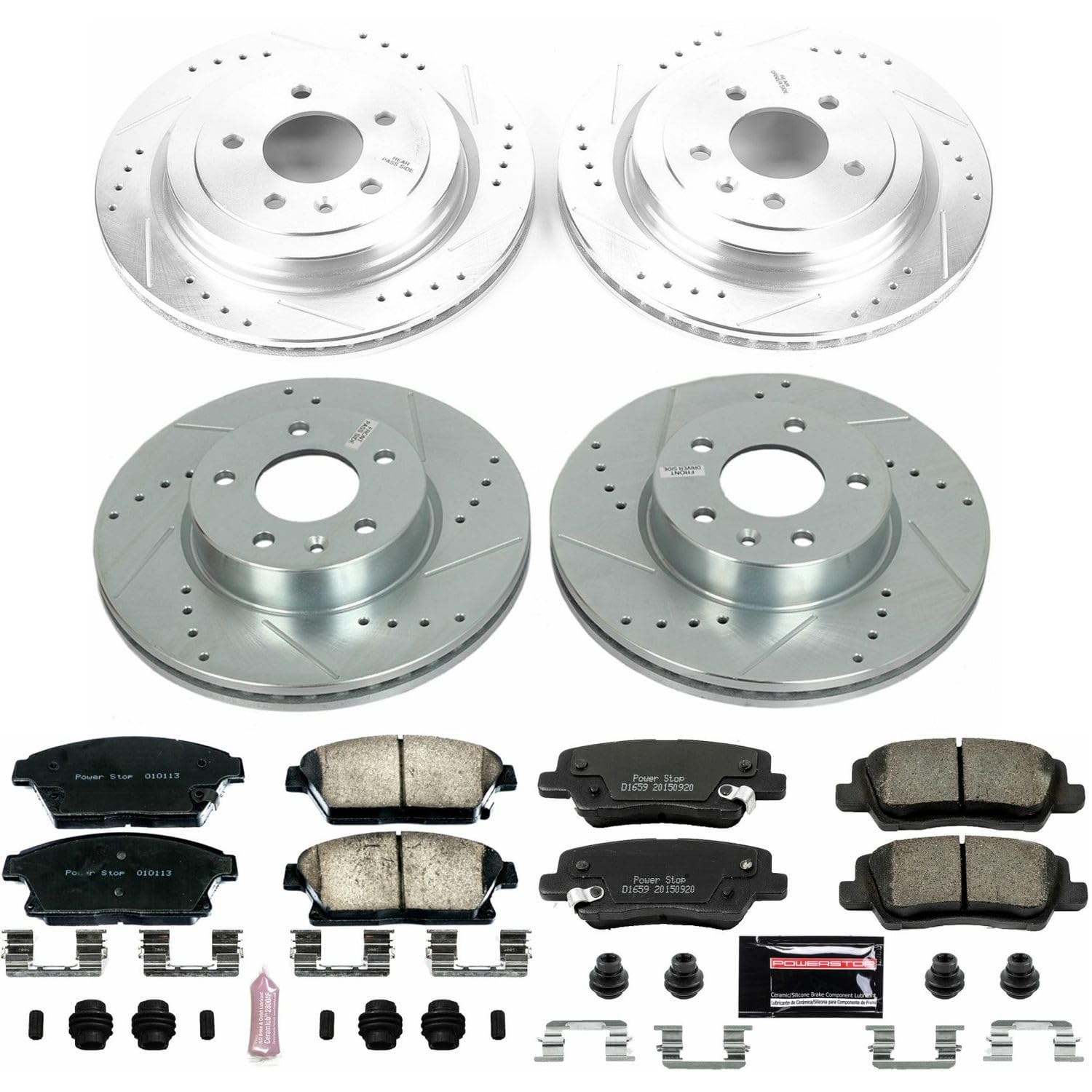 Power Stop K6387 Z23 Carbon Fiber Brake Pads Front and Rear with Drilled & Slotted Brake Rotors Kit For Cadillac ATS 2013-2018 [Model Specific]