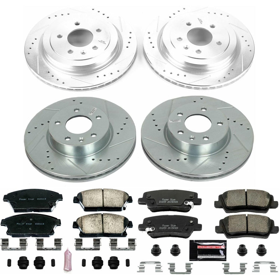 Power Stop K6387 Z23 Carbon Fiber Brake Pads Front and Rear with Drilled & Slotted Brake Rotors Kit For Cadillac ATS 2013-2018 [Model Specific]