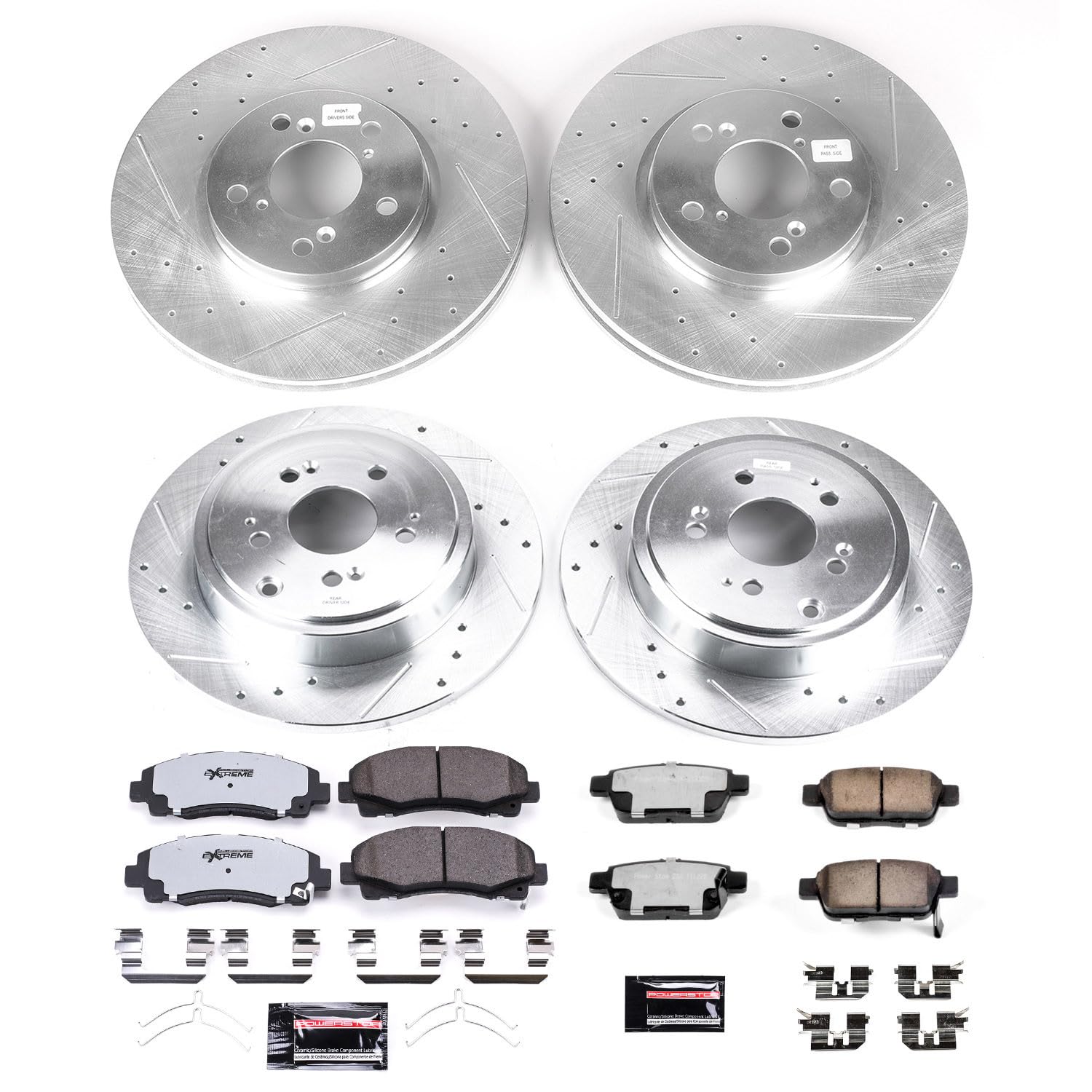 Front and Rear Brake Kit Power Stop For 2012 2013 2014 Honda Ridgeline - Truck & Tow Carbon Fiber Ceramic Brake Pads & Drilled and Slotted Rotors Replacement, K5940-36