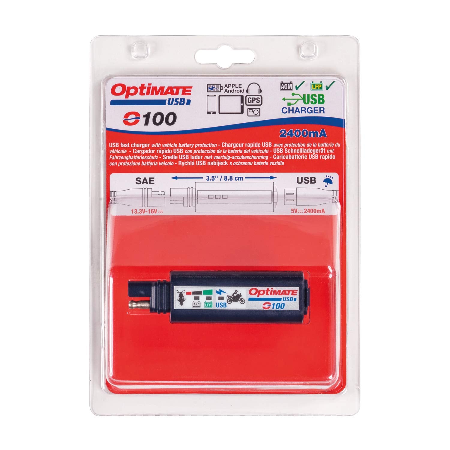 OptiMATE Tecmate USB O-100, Combination 2400mA USB Charger and 3-LED Battery Monitor, With Vehicle Battery Protection