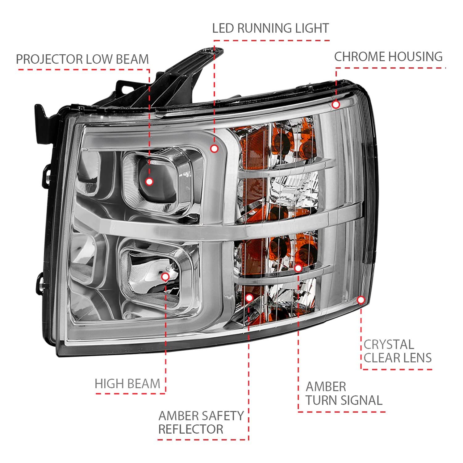 CHEVY SILVERADO 1500 ANZO USA 07-13 / 2500HD/3500HD 07-14 PROJECTOR PLANK HEADLIGHTS CHROME