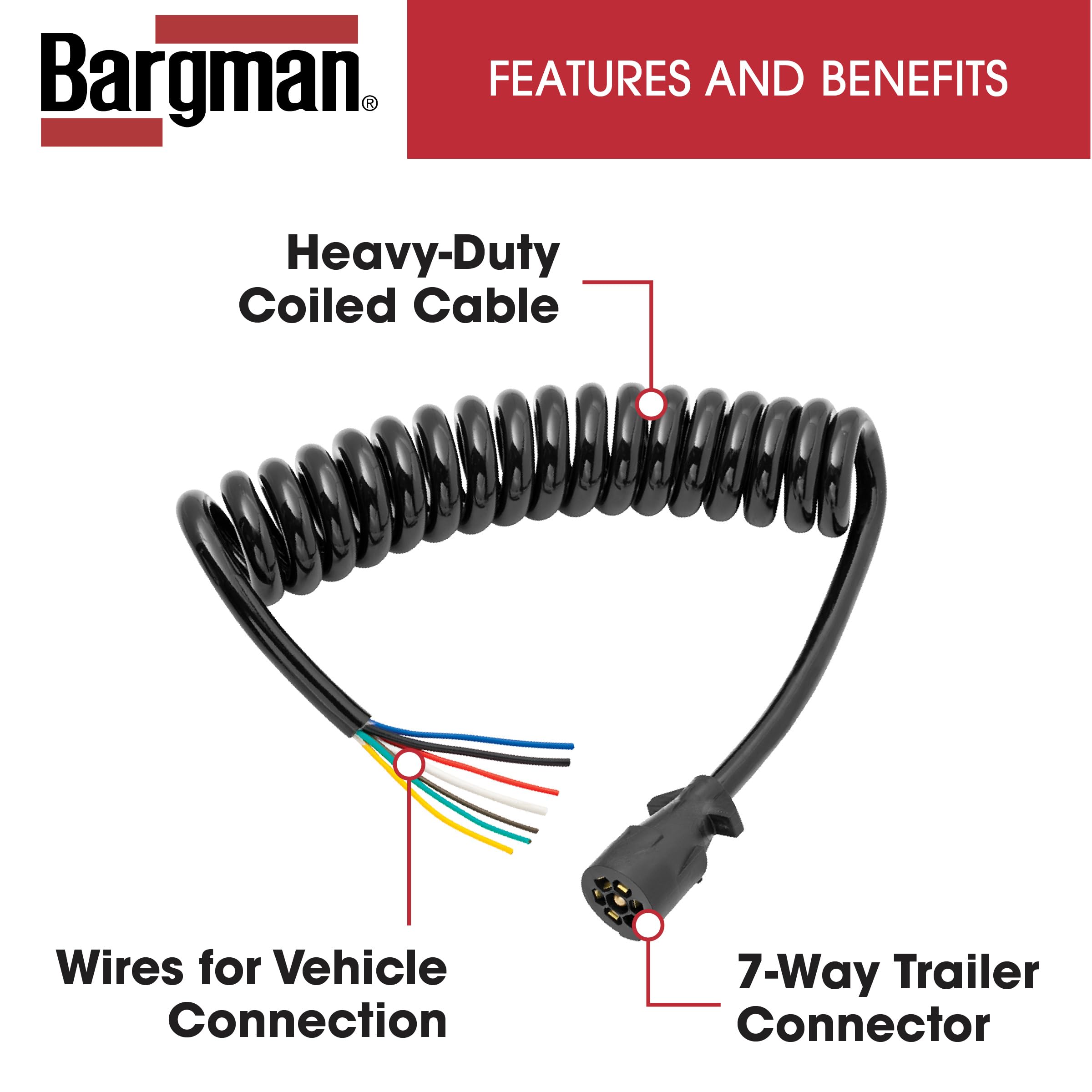 7 Way Bargman Coiled Trailer Wire End Connector Harness, 6 Foot Length, Splices Easily to Trailer Lighting System, Weather Resistant
