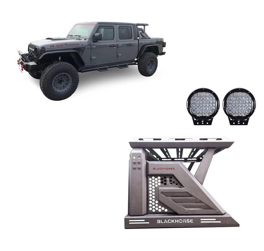 Armour II Black Horse Roll Bar W/Basket Incl.Set of 9 Black Round LED Light Compatible with 2019-2024 Jeep Gladiator-AR2-09BA3-PL69B