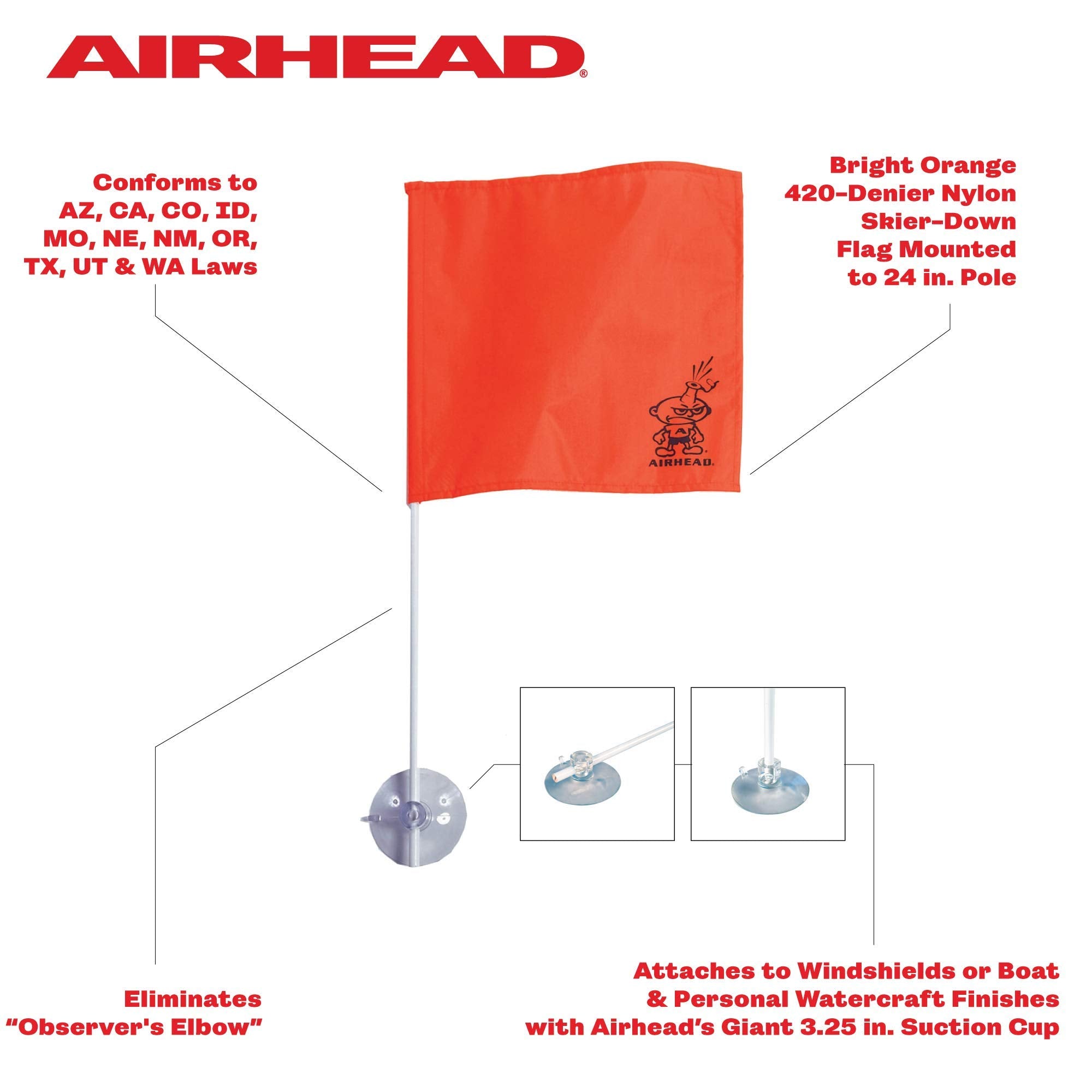 Airhead Water Ski Flag StIK-a-FLAG - Attaches to Boat Windshield for Convinience - Enhanced Visibility and Safety for Water Skiing