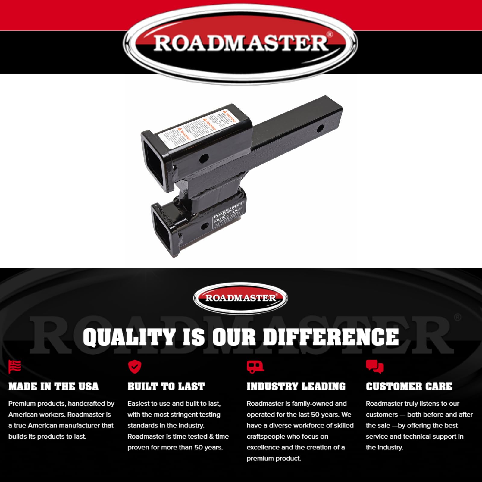 Dual Receiver Hitches Roadmaster 077-4 with 2" Top and 4" Bottom Offset fits 2" Receiver Hitch | 10,000 lbs Towing Capacity | 400 lbs Max Tongue Weight | Durable Powder Coat Finish | Made in The USA