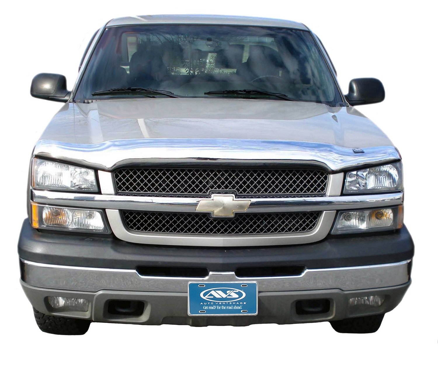 Chrome Hood Shield / Protector Auto Ventshade [AVS] | Fits 2002-2006 Avalanche 1500 & 2500 w/o Body Cladding, 2003-2005 Silverado 1500 | Medium Profile Bug Deflector - 1 pc., Chrome | 680815