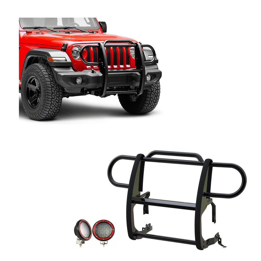 Bumper Guard Modular Black Black Horse Grille brush Come With Pair of 5.3" Dia.LED Lights with Red Trim Rings Compatible with 2020-2024 Jeep Gladiator|2018-2024 Jeep Wrangler-17JPJLMA-PLFR