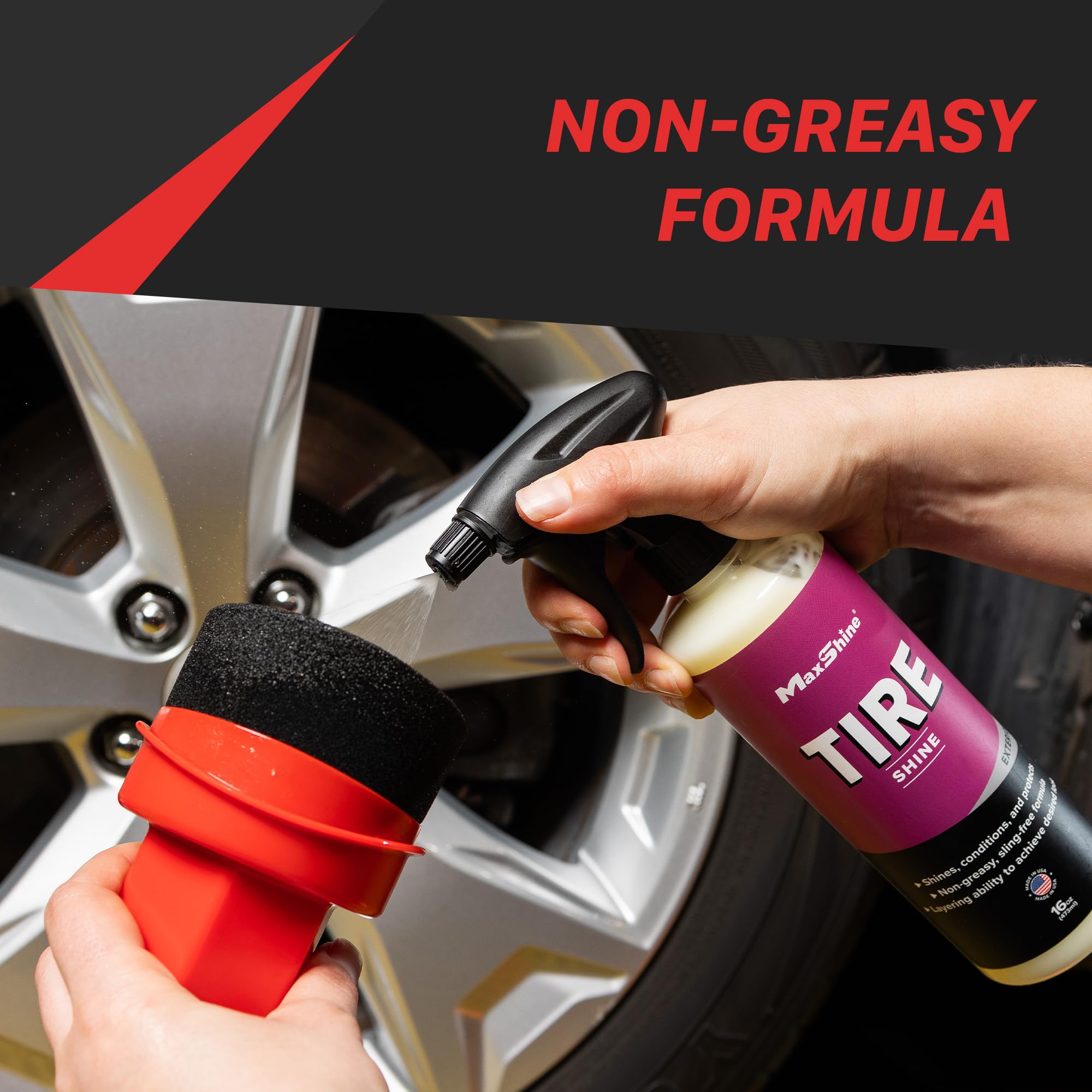 Tire Shine Maxshine 16oz | Acrylic Formula Tire Dressing with UV Protection | No-Sling, Dry-to-The-Touch Finish | Gloss Enhancer Nourishes Rubber & Protects Tires | Professional Car Detailing Supply