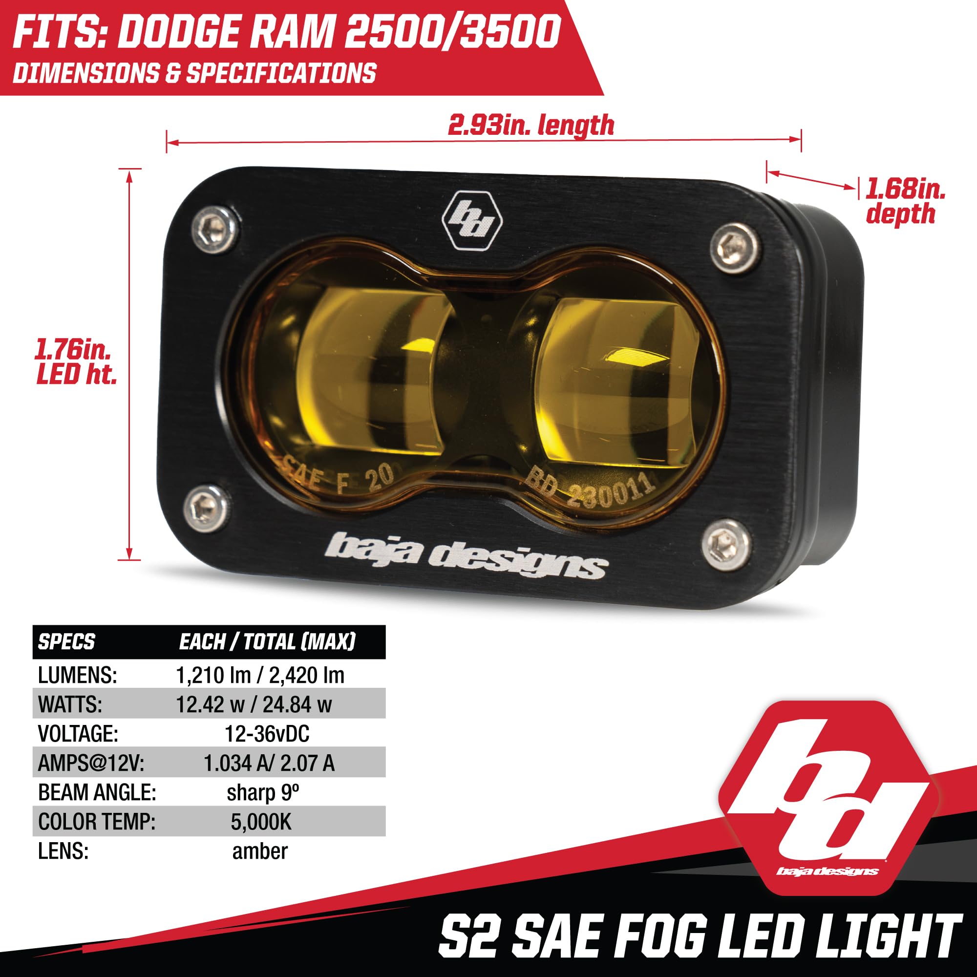 Baja Designs S2 LED Fog Pocket Light Kit for Dodge Ram 2500/3500 2019+ Truck - Amber Lens