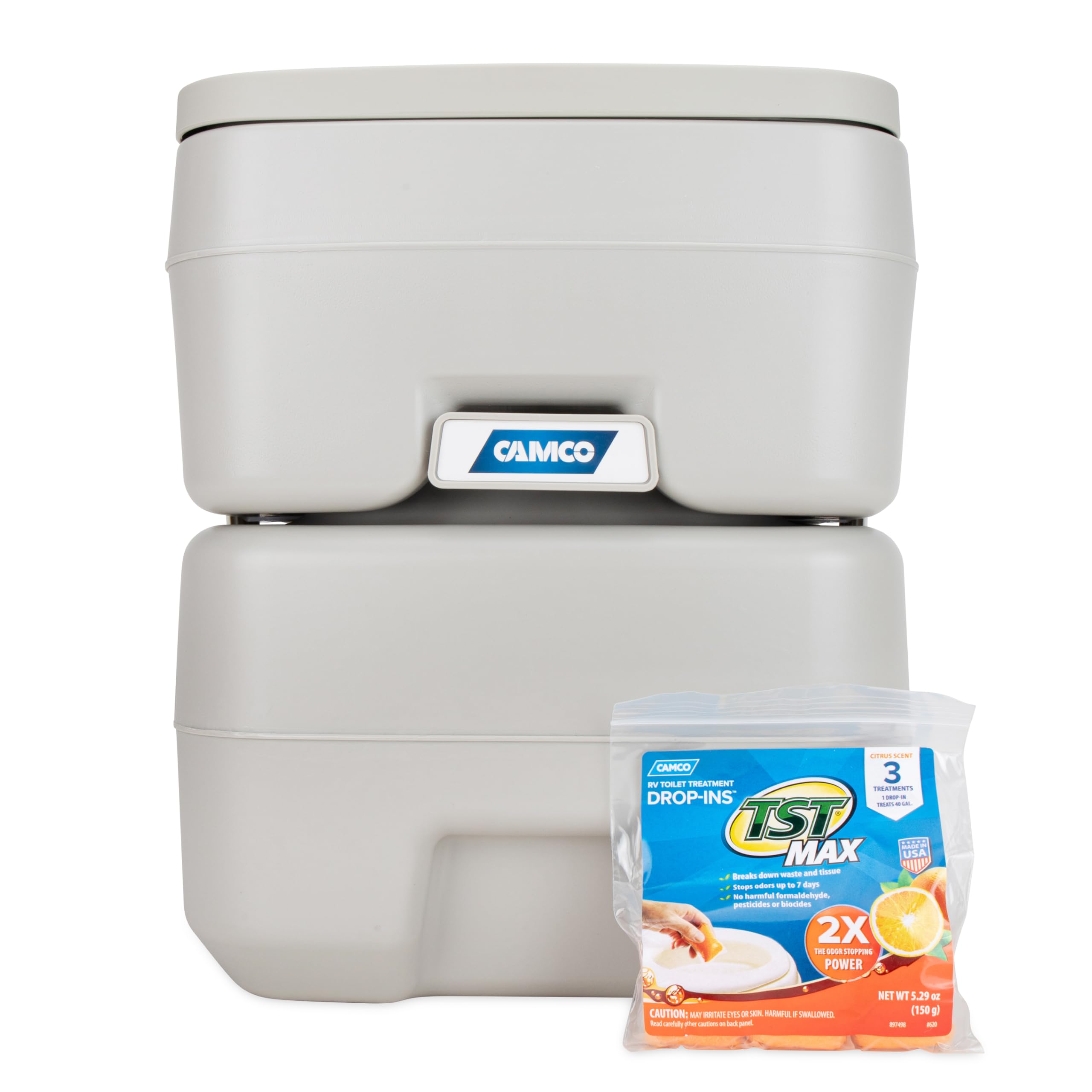 5.3-Gallon Camco Portable Toilet - Features Detachable Holding Tank w/Sealing Slide Valve & Bellow-Type Flush - Easy Transport w/Compact Lightweight Design & Carry Handle - Gray (41541)