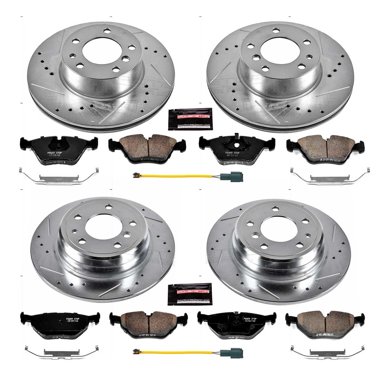 Power Stop K7335 Z23 Carbon Fiber Brake Pads Front and Rear with Drilled & Slotted Brake Rotors Kit For BMW 525i 1989, BMW 535i 1989 [Model Specific]