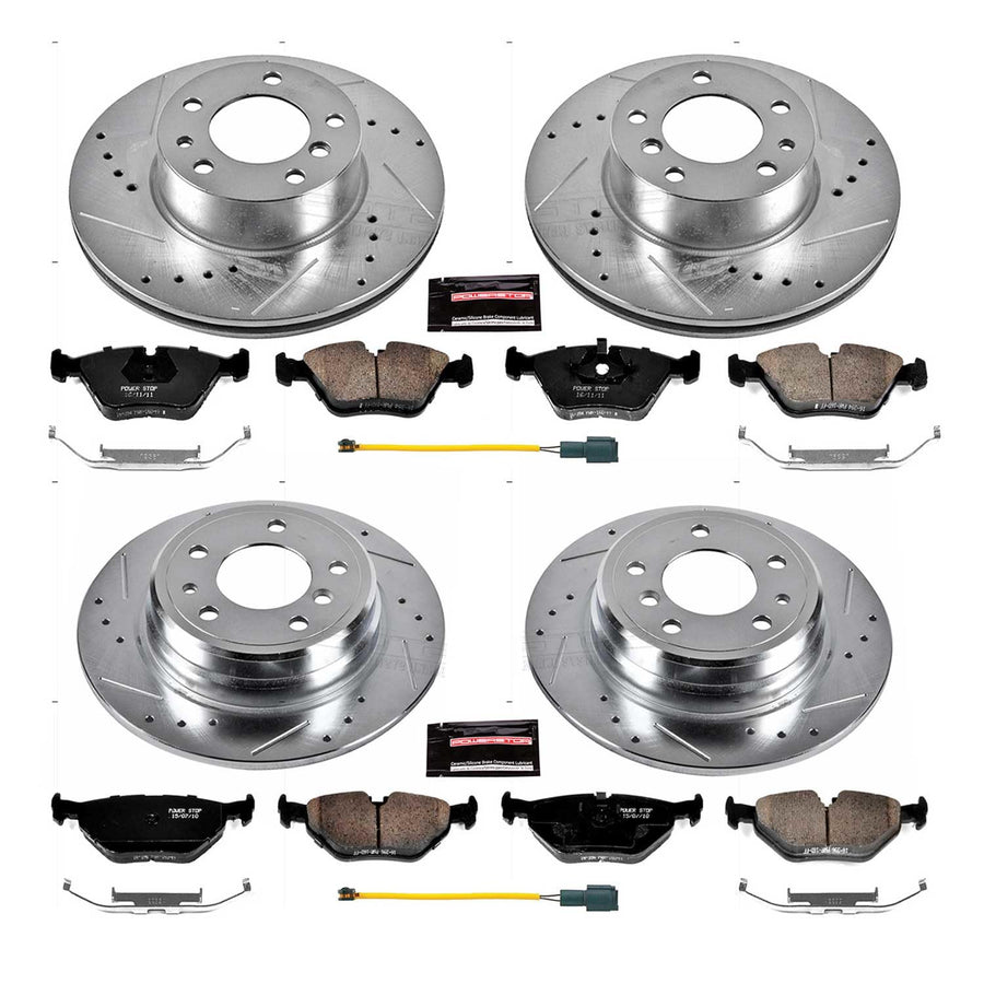 Power Stop K7335 Z23 Carbon Fiber Brake Pads Front and Rear with Drilled & Slotted Brake Rotors Kit For BMW 525i 1989, BMW 535i 1989 [Model Specific]
